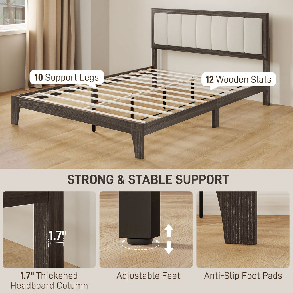 HOMCOM Queen Size Bed Frame with Headboard Queen Platform Bed Frame with Wooden Slats No Box Spring Needed Easy Assembly Walnut - Comfortable Living Decor