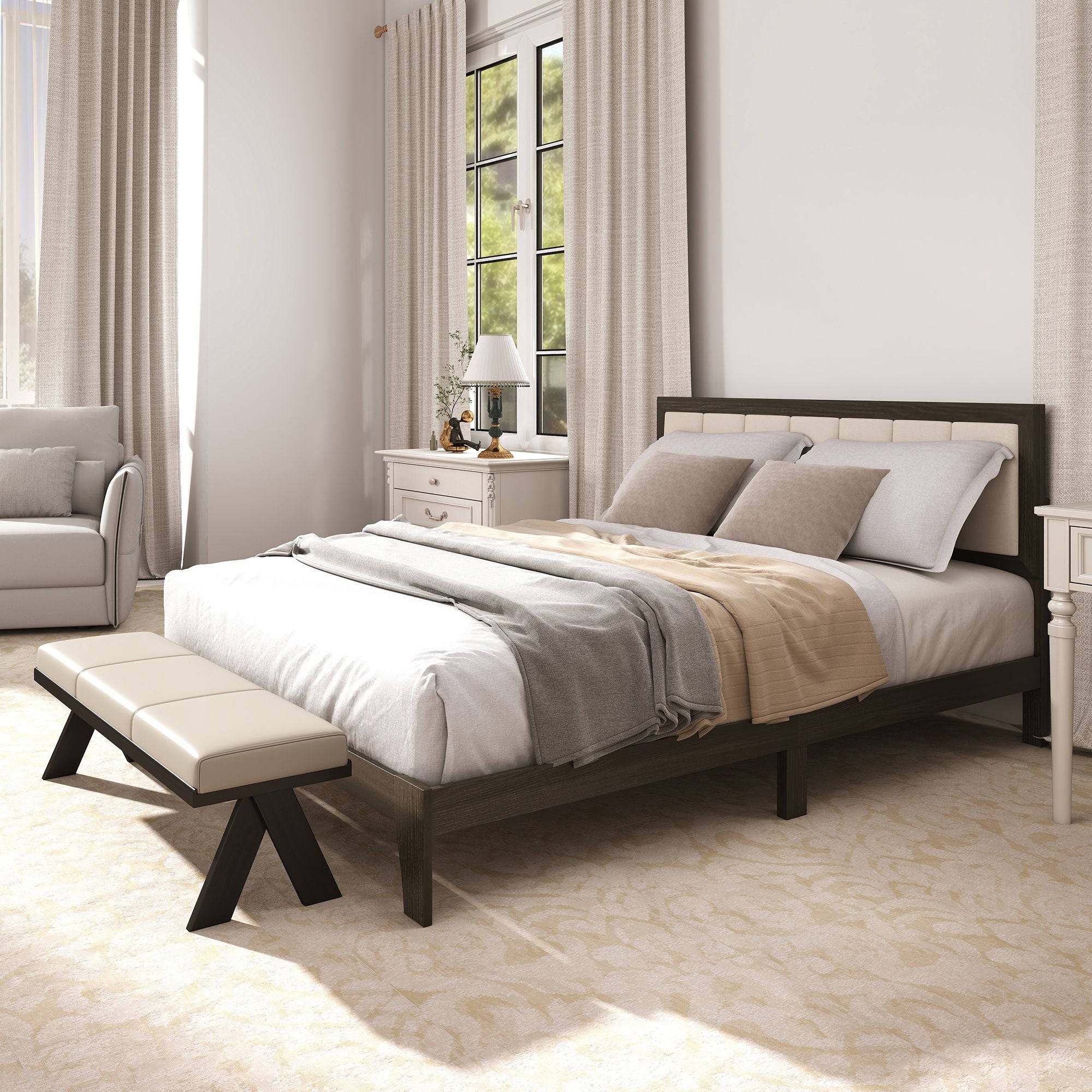 HOMCOM Queen Size Bed Frame with Headboard Queen Platform Bed Frame with Wooden Slats No Box Spring Needed Easy Assembly Walnut - Comfortable Living Decor