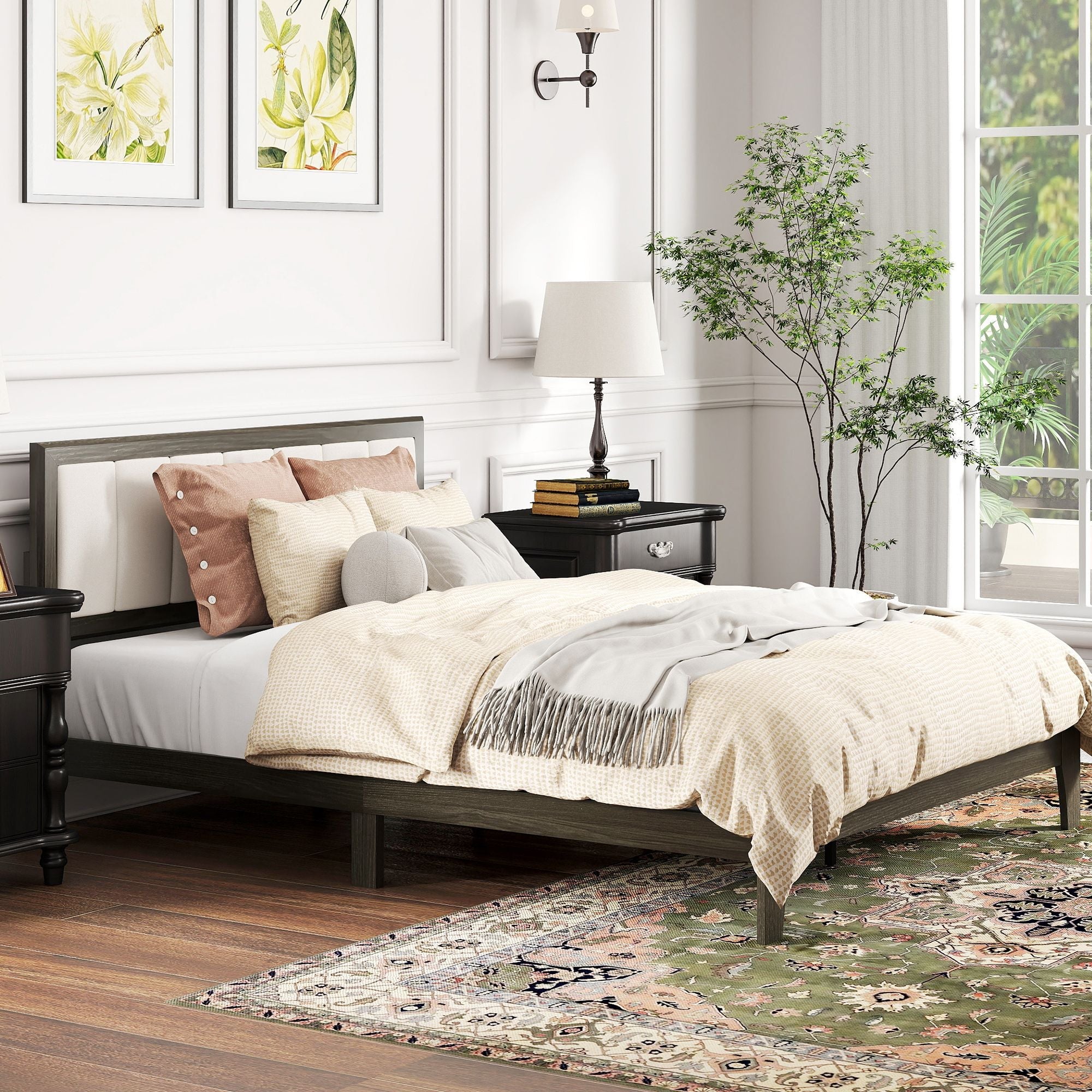 HOMCOM Queen Size Bed Frame with Headboard Queen Platform Bed Frame with Wooden Slats No Box Spring Needed Easy Assembly Walnut - Comfortable Living Decor