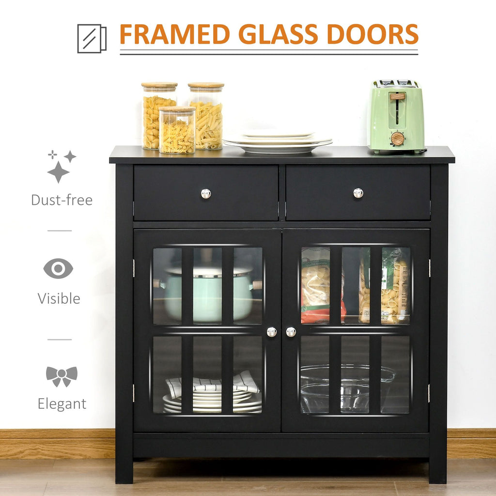 HOMCOM Sideboard Buffet Cabinet, Storage Cupboard with Glass Doors, Adjustable Shelf and 2 Drawers for Kitchen, Black - Comfortable Living Decor