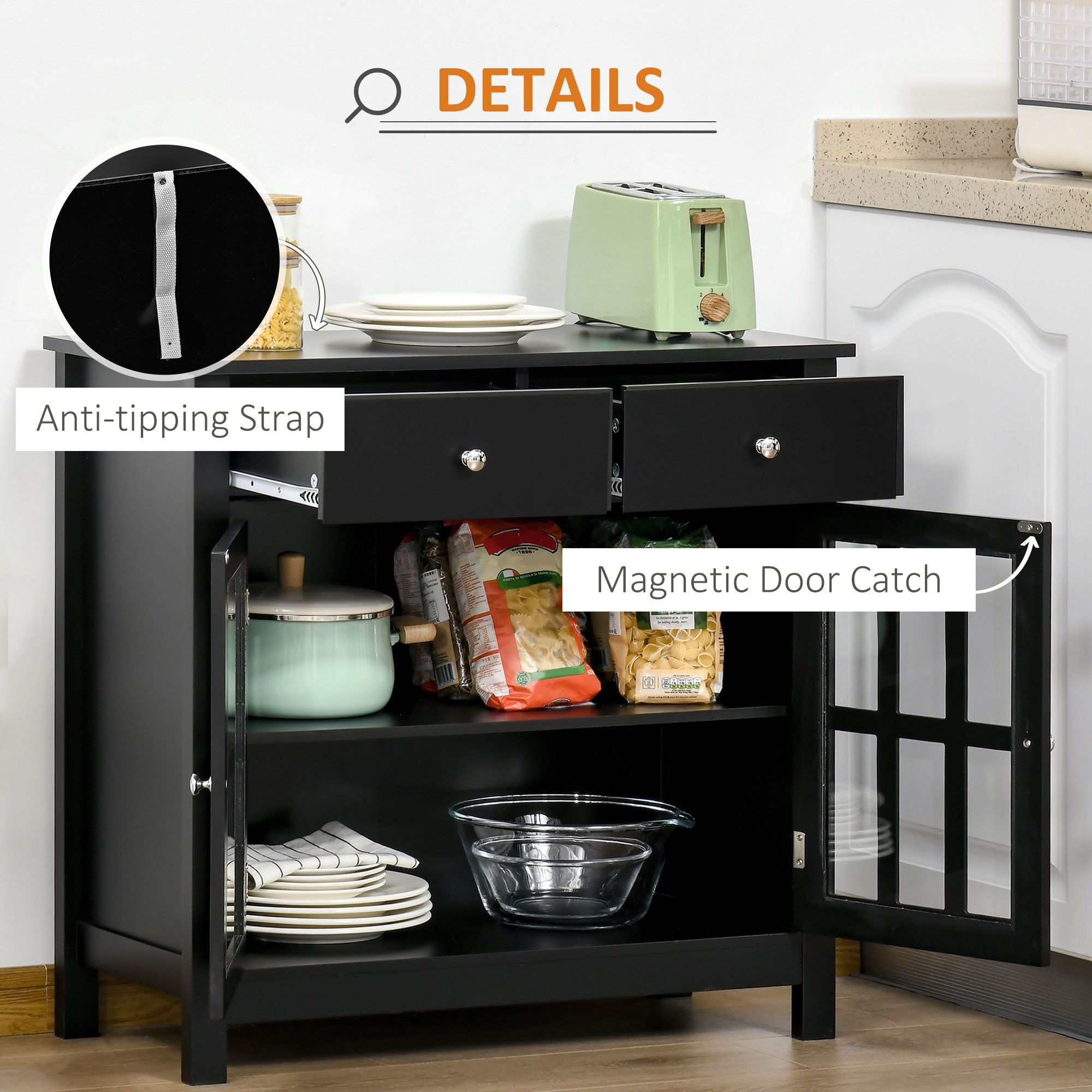 HOMCOM Sideboard Buffet Cabinet, Storage Cupboard with Glass Doors, Adjustable Shelf and 2 Drawers for Kitchen, Black - Comfortable Living Decor
