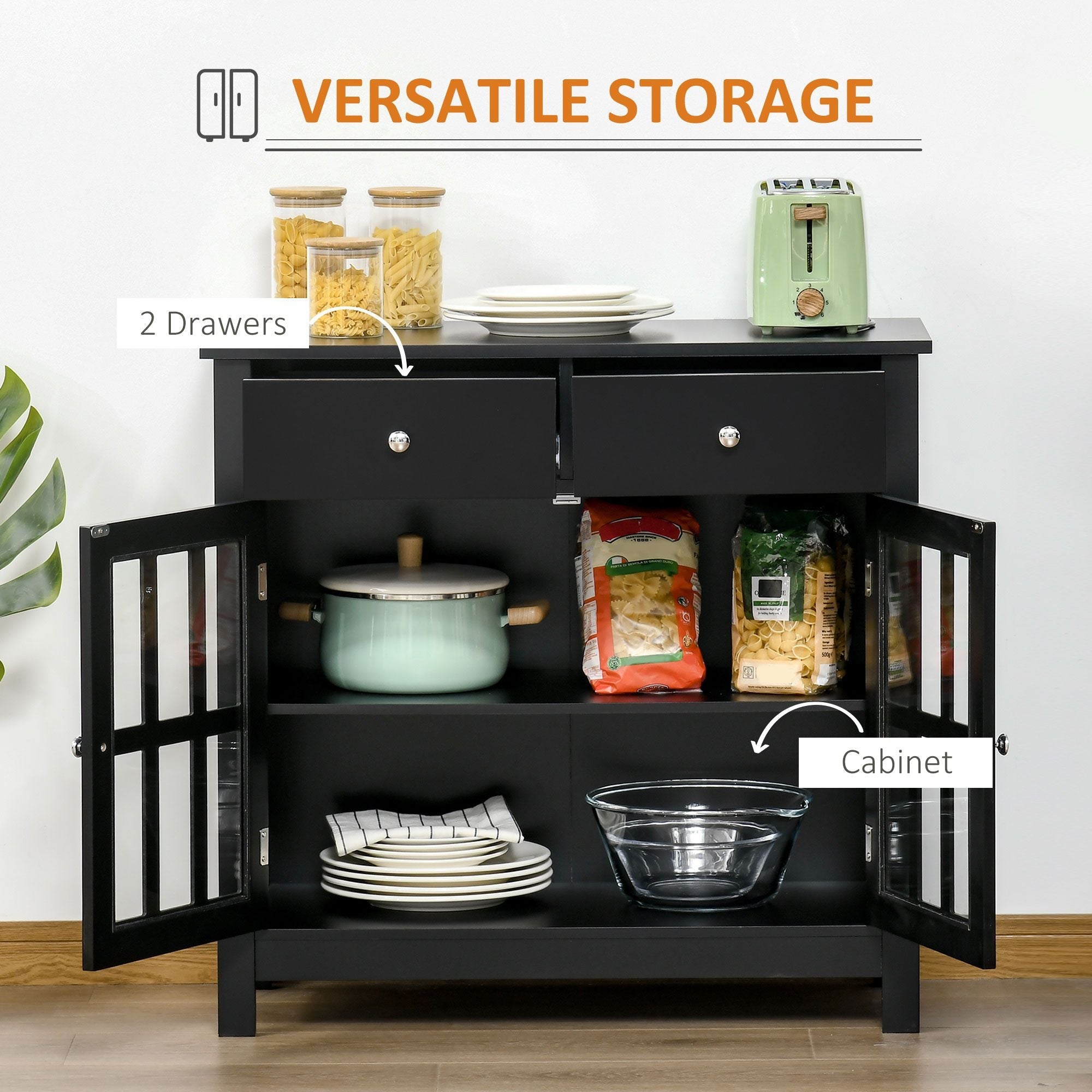 HOMCOM Sideboard Buffet Cabinet, Storage Cupboard with Glass Doors, Adjustable Shelf and 2 Drawers for Kitchen, Black - Comfortable Living Decor