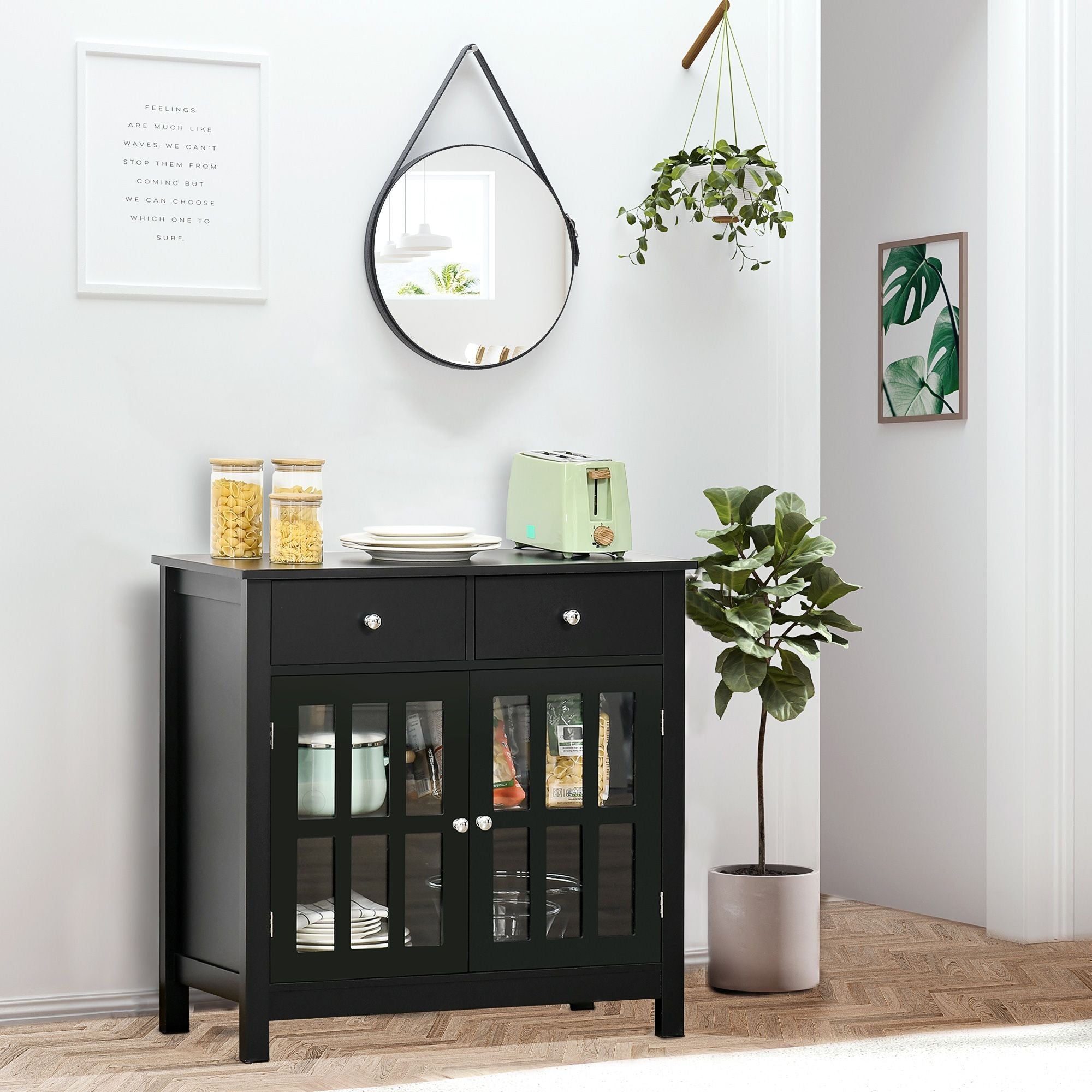 HOMCOM Sideboard Buffet Cabinet, Storage Cupboard with Glass Doors, Adjustable Shelf and 2 Drawers for Kitchen, Black - Comfortable Living Decor