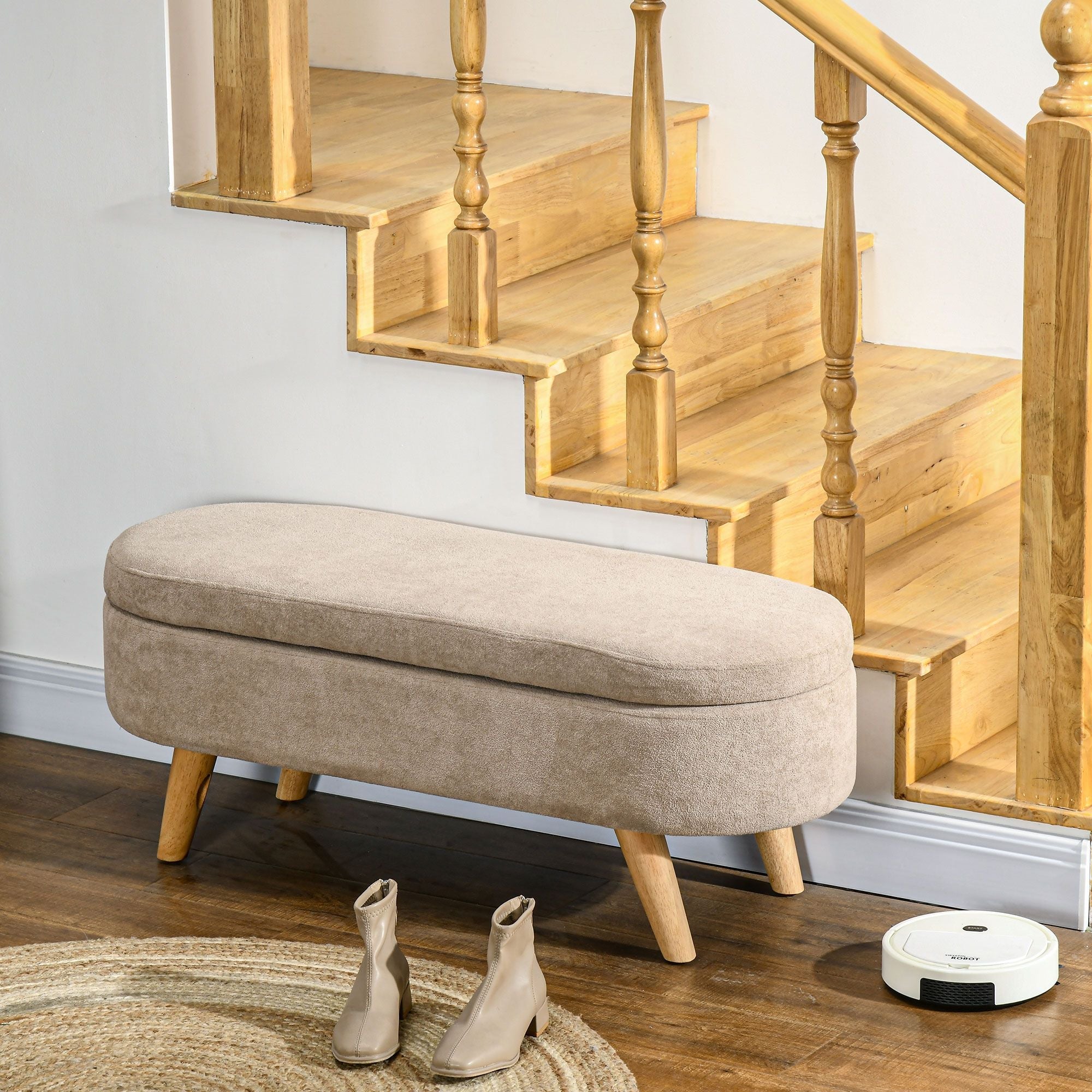 HOMCOM Storage Ottoman Bench, 43.3" Upholstered End of Bed Bench with Wood Legs, Modern Entryway Bench, Beige - Comfortable Living Decor