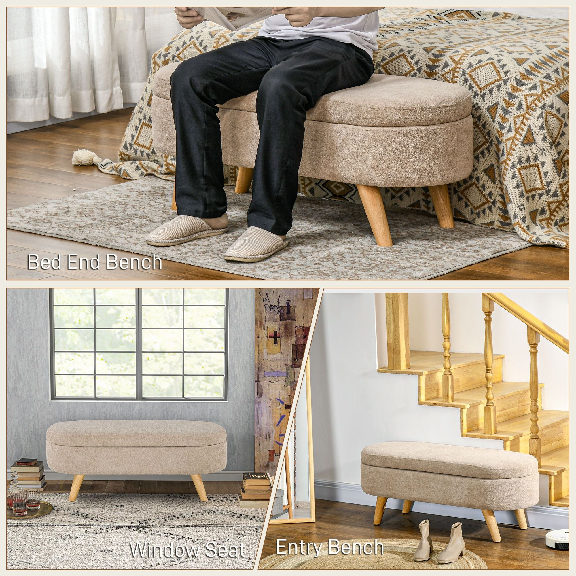 HOMCOM Storage Ottoman Bench, 43.3" Upholstered End of Bed Bench with Wood Legs, Modern Entryway Bench, Beige - Comfortable Living Decor