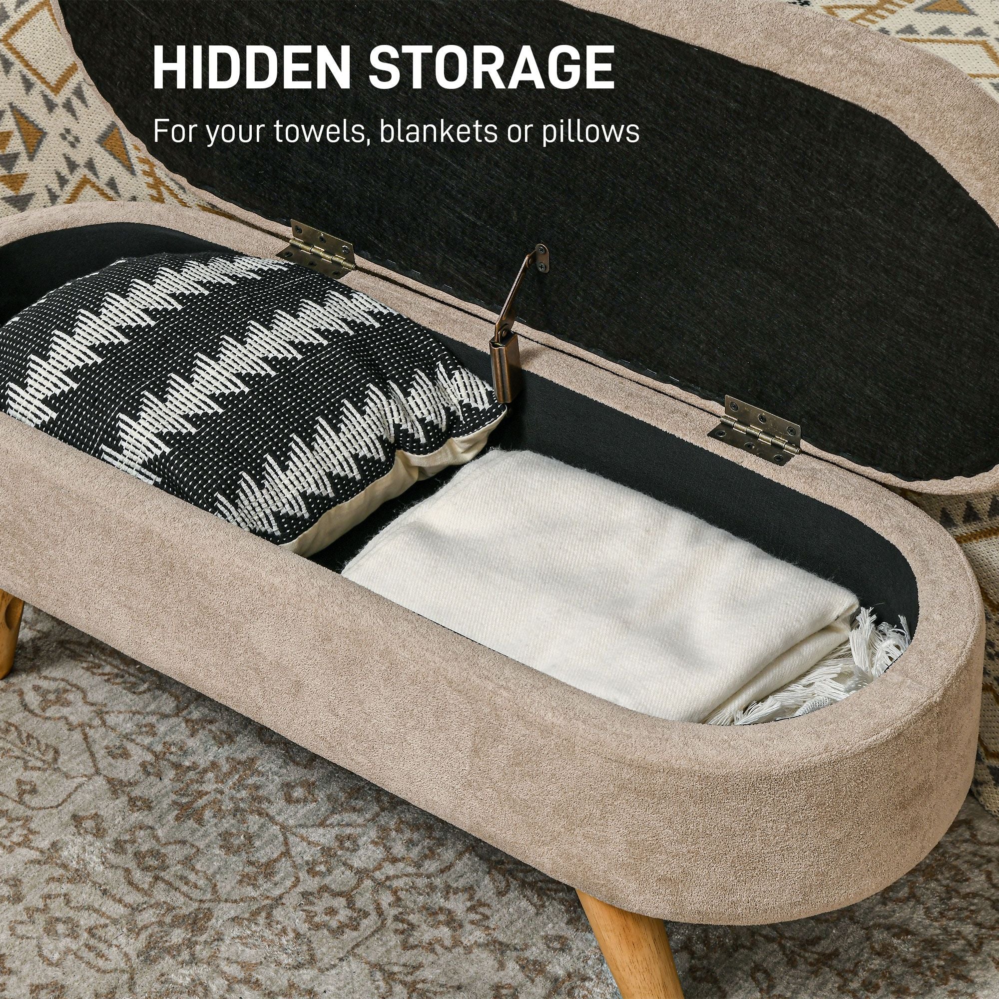 HOMCOM Storage Ottoman Bench, 43.3" Upholstered End of Bed Bench with Wood Legs, Modern Entryway Bench, Beige - Comfortable Living Decor