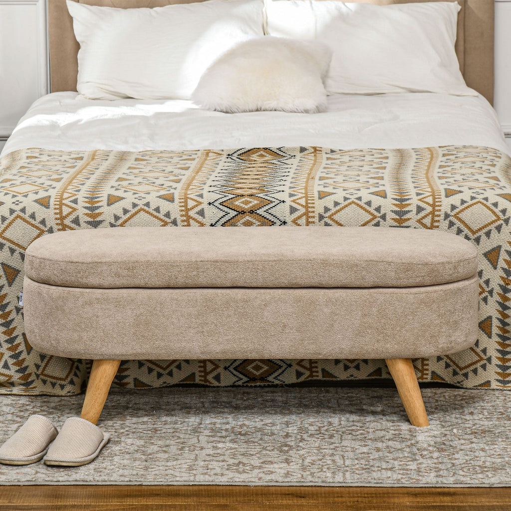 HOMCOM Storage Ottoman Bench, 43.3" Upholstered End of Bed Bench with Wood Legs, Modern Entryway Bench, Beige - Comfortable Living Decor