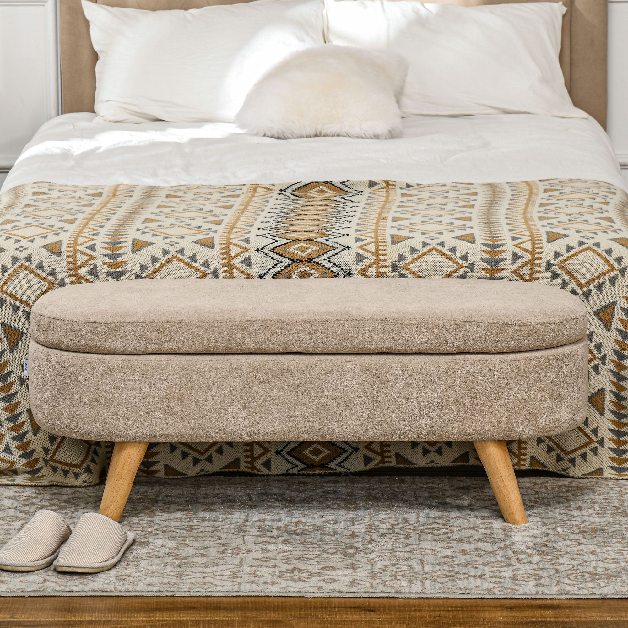 HOMCOM Storage Ottoman Bench, 43.3" Upholstered End of Bed Bench with Wood Legs, Modern Entryway Bench, Beige - Comfortable Living Decor