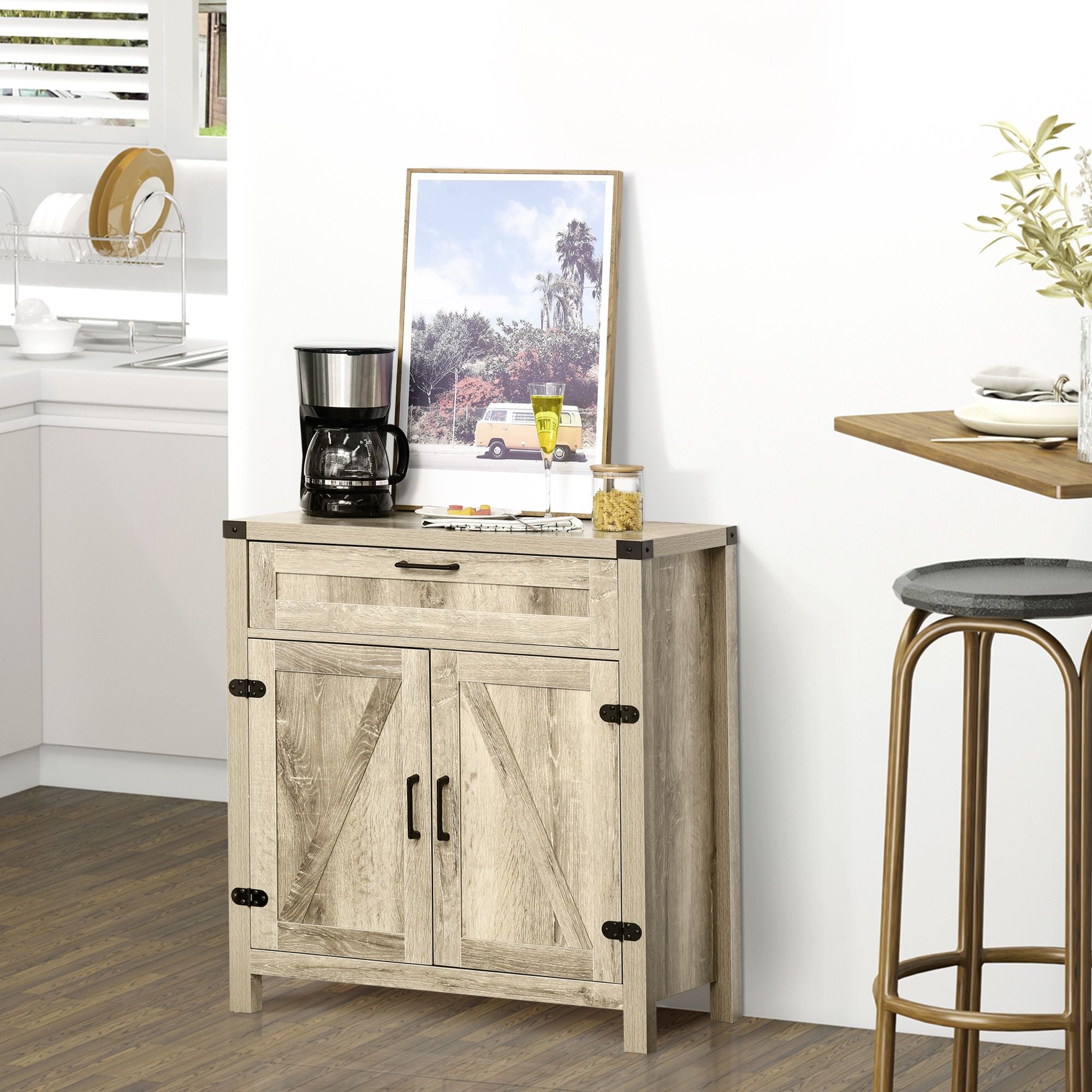 HOMCOM Wooden Farmhouse Sideboard Oak Finish Kitchen Buffet Cabinet with Drawer and Shelf - Comfortable Living Decor