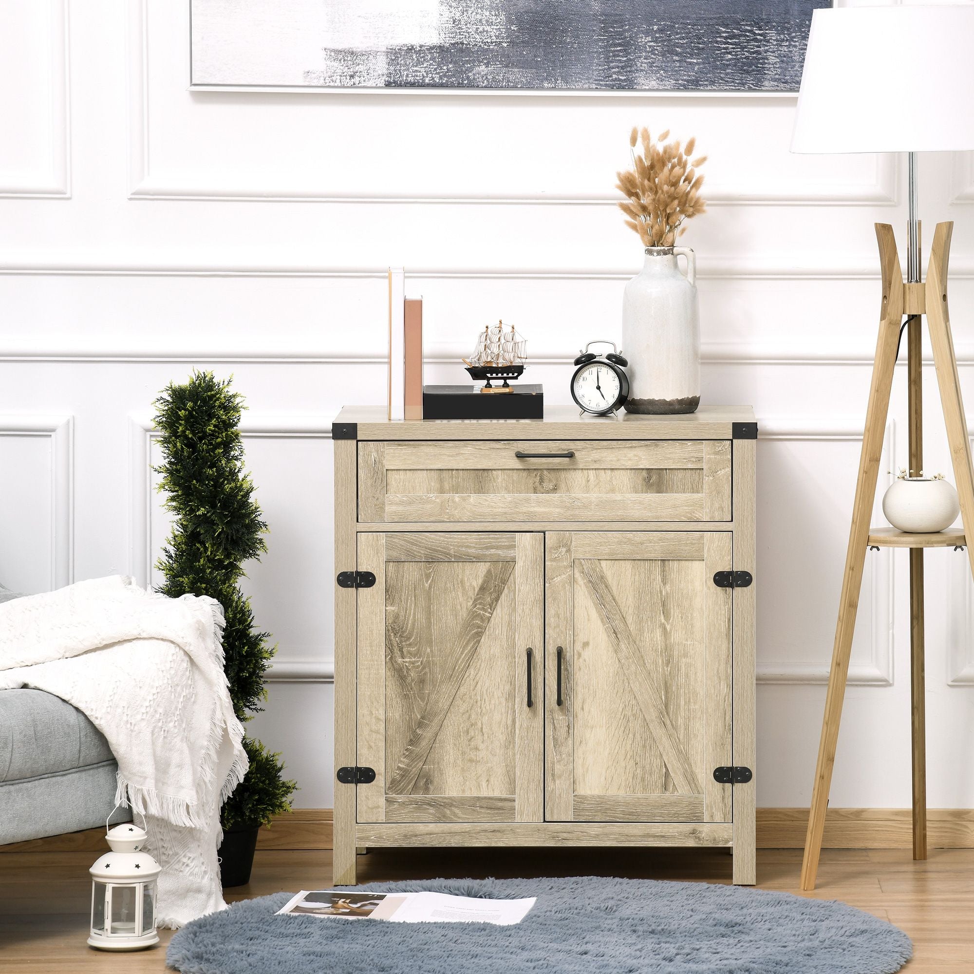 HOMCOM Wooden Farmhouse Sideboard Oak Finish Kitchen Buffet Cabinet with Drawer and Shelf - Comfortable Living Decor