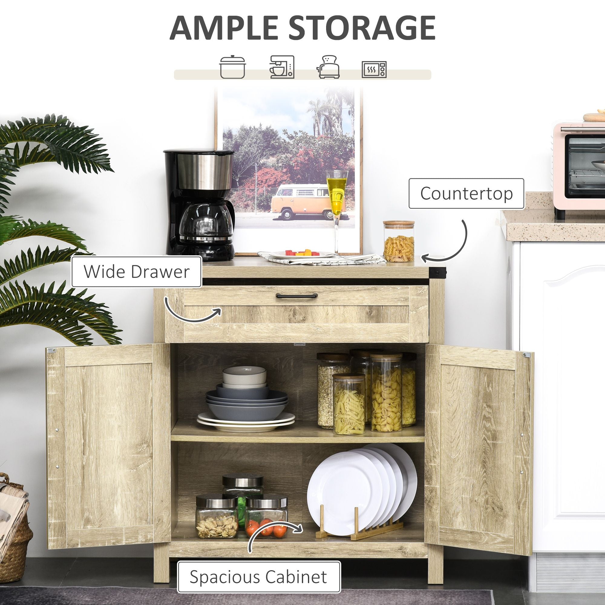 HOMCOM Wooden Farmhouse Sideboard Oak Finish Kitchen Buffet Cabinet with Drawer and Shelf - Comfortable Living Decor