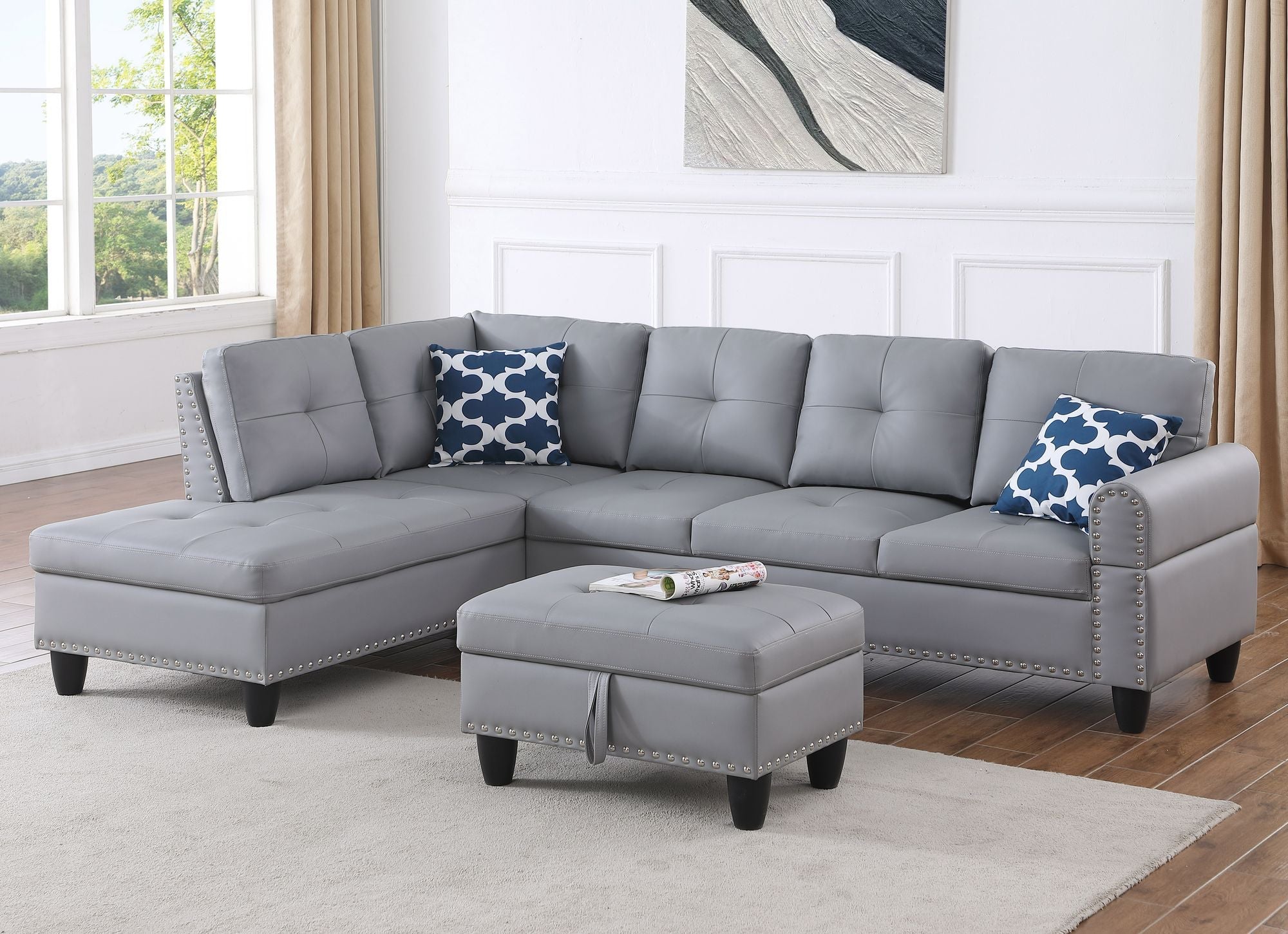 Irine Faux Leather Sectional Sofa with Ottoman - Comfortable Living Decor