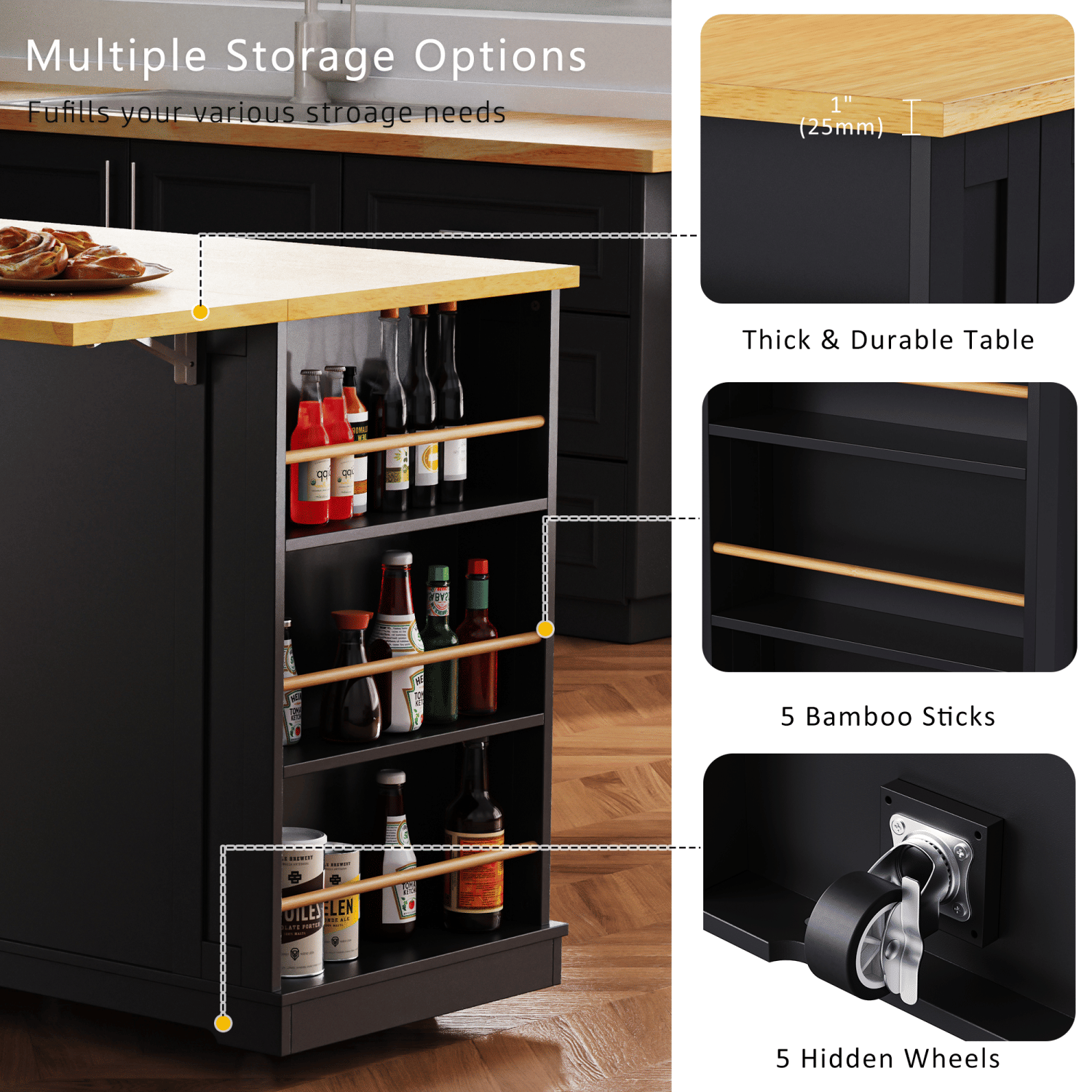 K&K 53inch Large Kitchen Island with Drop Leaf, Power Outlet, Door Internal Storage Rack, Rolling Kitchen Cart on 5 Wheels with 5 Open Side Racks for Kitchen, Dining Room,Black(Not include bar stools) - Comfortable Living Decor