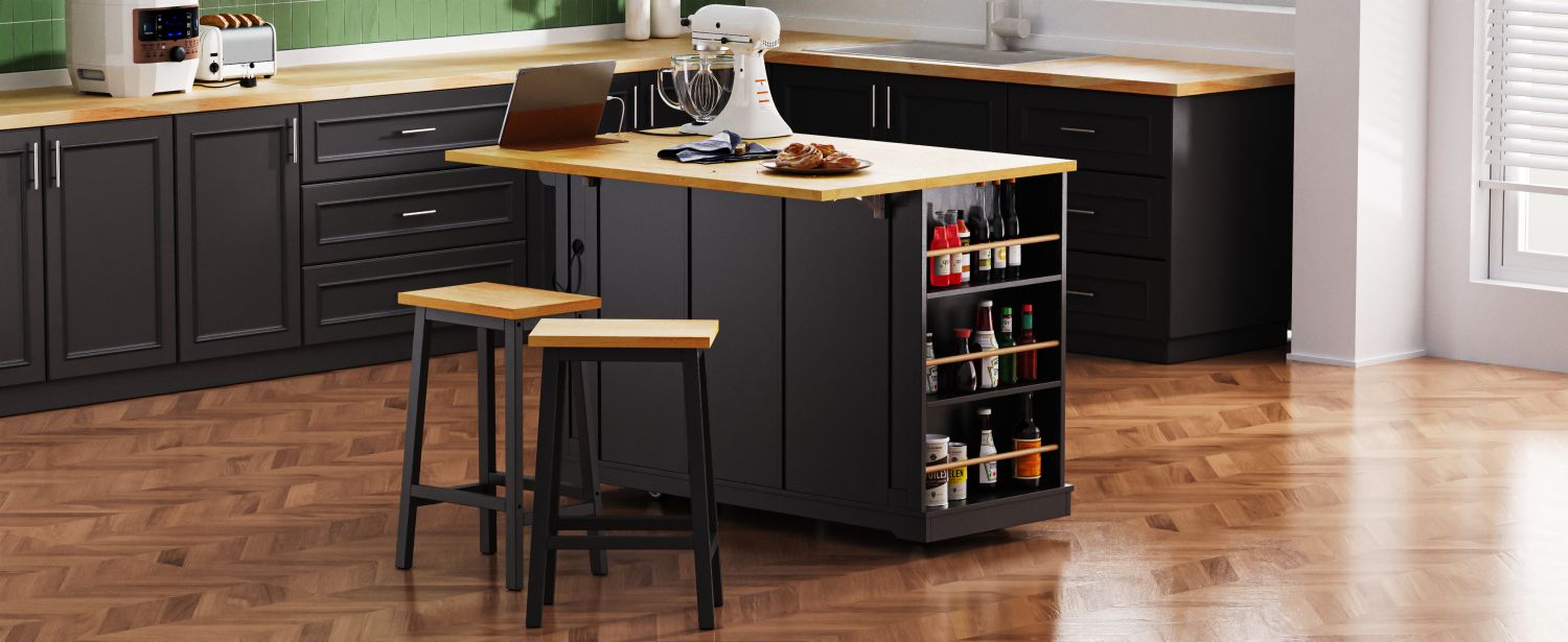 K&K 53inch Large Kitchen Island with Drop Leaf, Power Outlet, Door Internal Storage Rack, Rolling Kitchen Cart on 5 Wheels with 5 Open Side Racks for Kitchen, Dining Room,Black(Not include bar stools) - Comfortable Living Decor