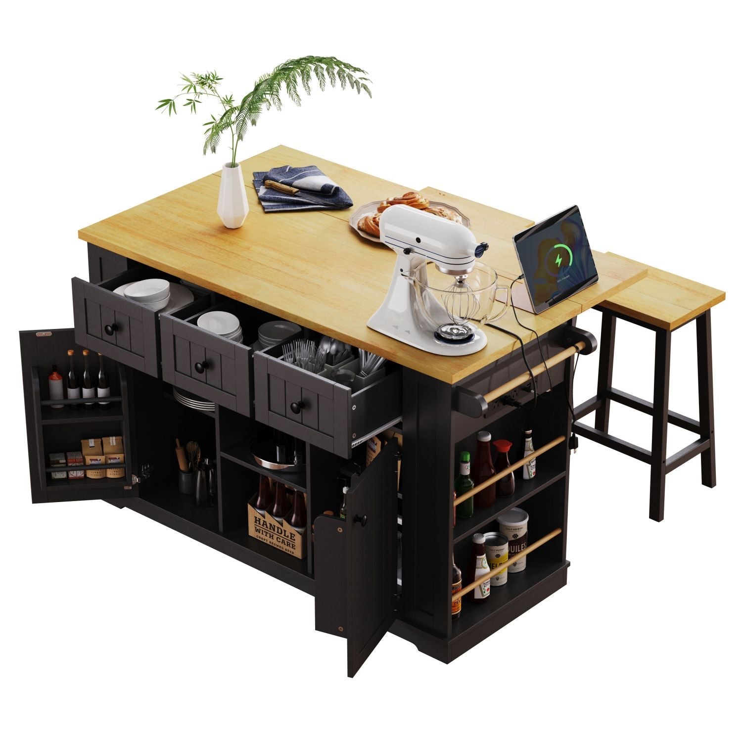 K&K 53inch Large Kitchen Island with Drop Leaf, Power Outlet, Door Internal Storage Rack, Rolling Kitchen Cart on 5 Wheels with 5 Open Side Racks for Kitchen, Dining Room,Black(Not include bar stools) - Comfortable Living Decor