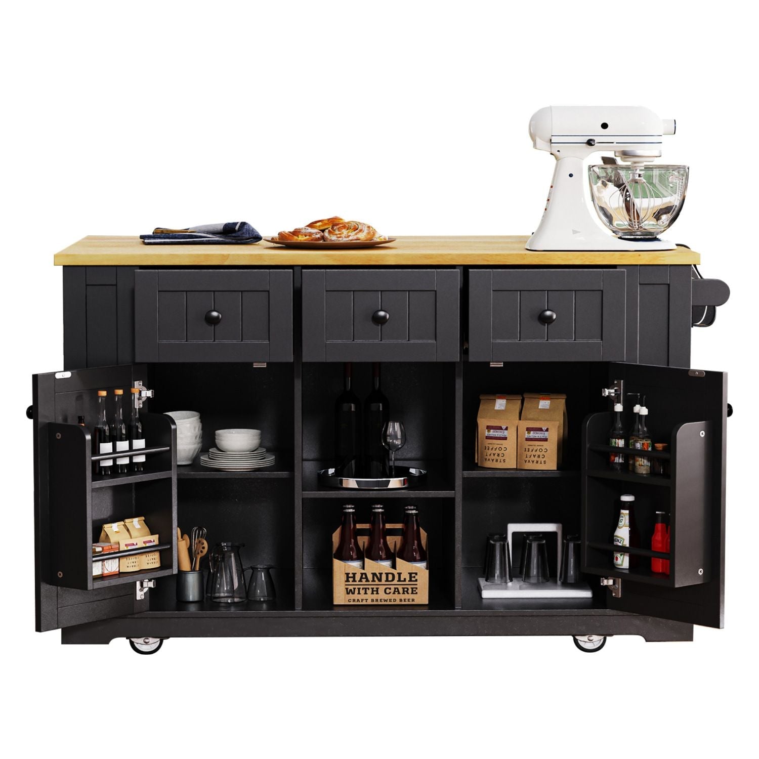 K&K 53inch Large Kitchen Island with Drop Leaf, Power Outlet, Door Internal Storage Rack, Rolling Kitchen Cart on 5 Wheels with 5 Open Side Racks for Kitchen, Dining Room,Black(Not include bar stools) - Comfortable Living Decor