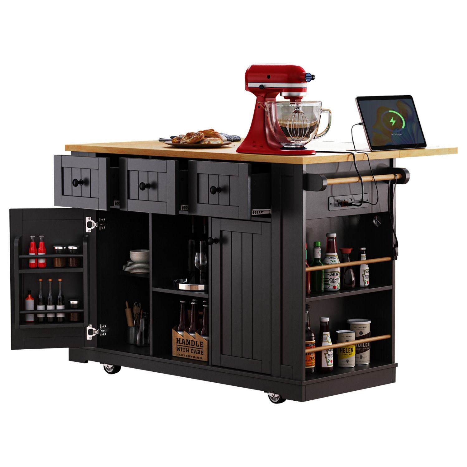 K&K 53inch Large Kitchen Island with Drop Leaf, Power Outlet, Door Internal Storage Rack, Rolling Kitchen Cart on 5 Wheels with 5 Open Side Racks for Kitchen, Dining Room,Black(Not include bar stools) - Comfortable Living Decor