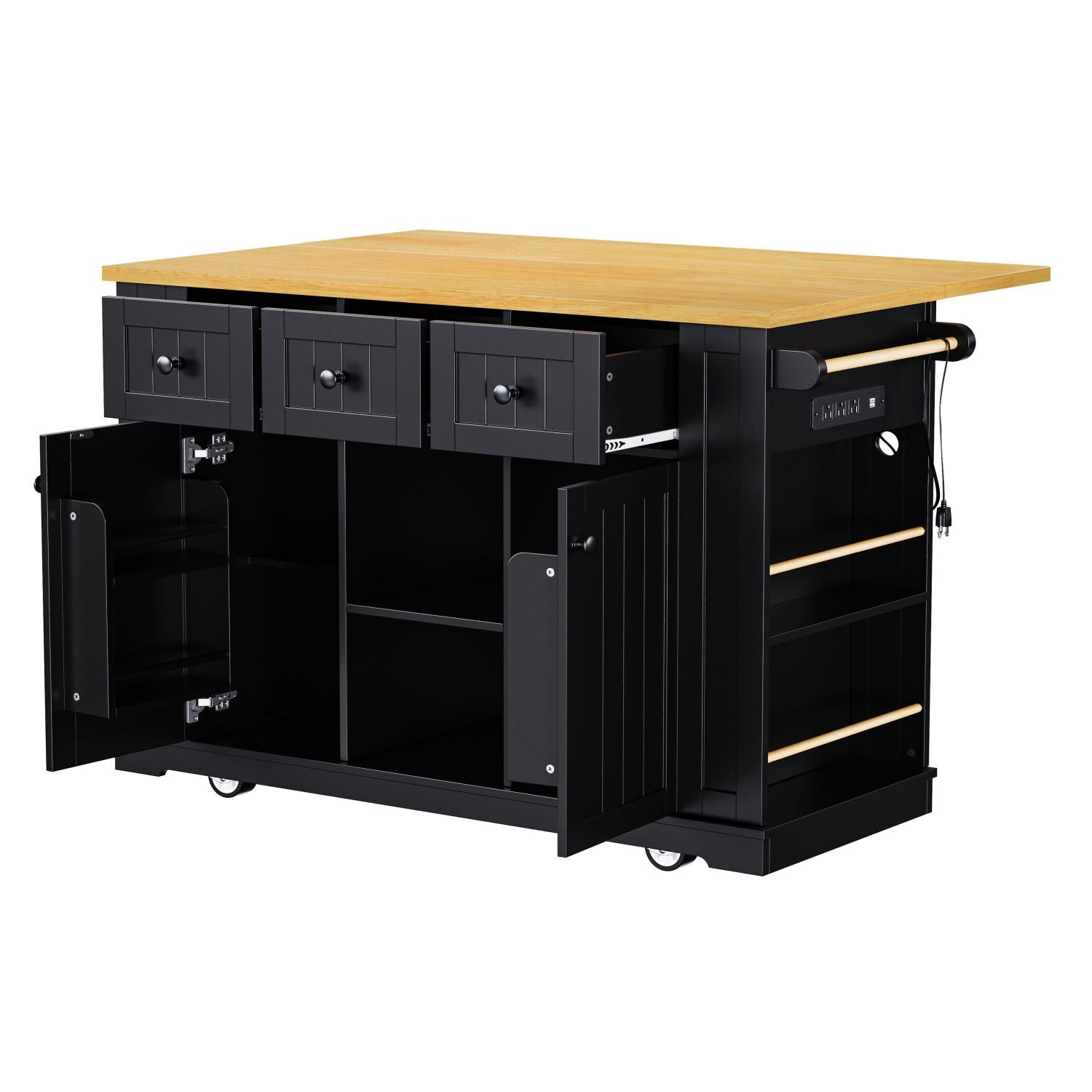K&K 53inch Large Kitchen Island with Drop Leaf, Power Outlet, Door Internal Storage Rack, Rolling Kitchen Cart on 5 Wheels with 5 Open Side Racks for Kitchen, Dining Room,Black(Not include bar stools) - Comfortable Living Decor