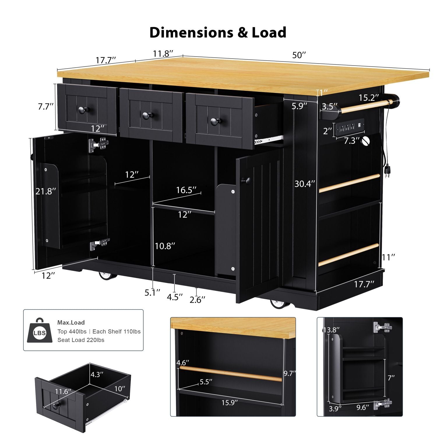 K&K 53inch Large Kitchen Island with Drop Leaf, Power Outlet, Door Internal Storage Rack, Rolling Kitchen Cart on 5 Wheels with 5 Open Side Racks for Kitchen, Dining Room,Black(Not include bar stools) - Comfortable Living Decor