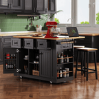 K&K 53inch Large Kitchen Island with Drop Leaf, Power Outlet, Door Internal Storage Rack, Rolling Kitchen Cart on 5 Wheels with 5 Open Side Racks for Kitchen, Dining Room,Black(Not include bar stools) - Comfortable Living Decor