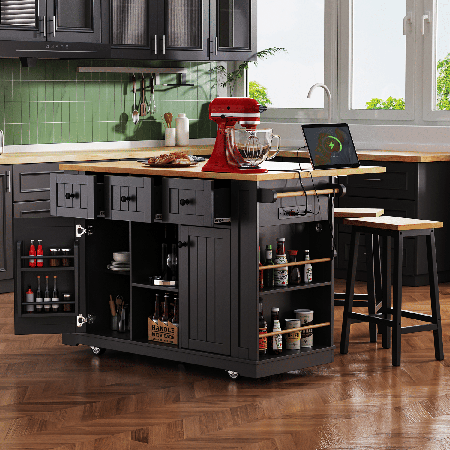 K&K 53inch Large Kitchen Island with Drop Leaf, Power Outlet, Door Internal Storage Rack, Rolling Kitchen Cart on 5 Wheels with 5 Open Side Racks for Kitchen, Dining Room,Black(Not include bar stools) - Comfortable Living Decor