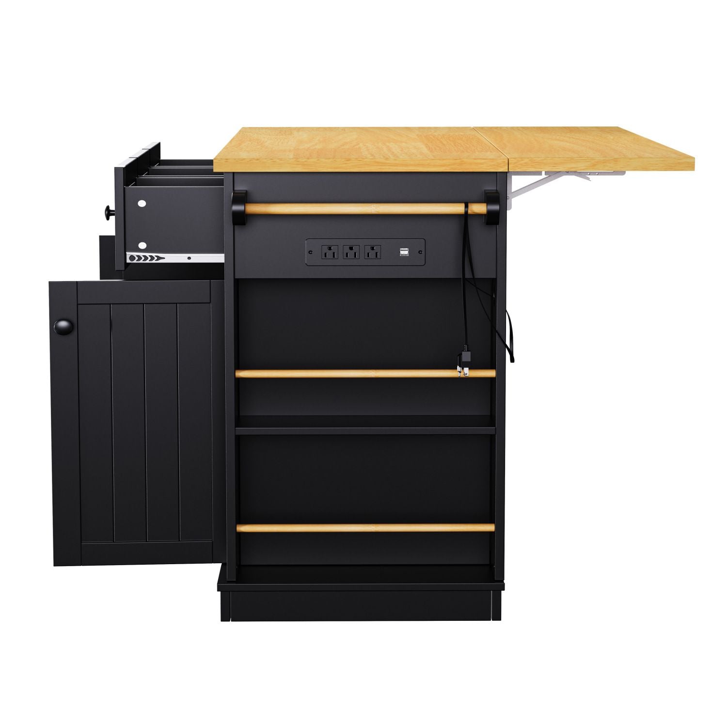 K&K 53inch Large Kitchen Island with Drop Leaf, Power Outlet, Door Internal Storage Rack, Rolling Kitchen Cart on 5 Wheels with 5 Open Side Racks for Kitchen, Dining Room,Black(Not include bar stools) - Comfortable Living Decor