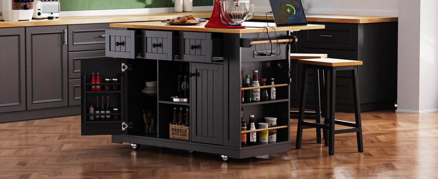 K&K 53inch Large Kitchen Island with Drop Leaf, Power Outlet, Door Internal Storage Rack, Rolling Kitchen Cart on 5 Wheels with 5 Open Side Racks for Kitchen, Dining Room,Black(Not include bar stools) - Comfortable Living Decor