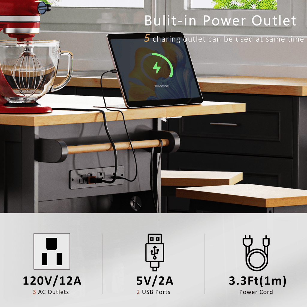 K&K 53inch Large Kitchen Island with Drop Leaf, Power Outlet, Door Internal Storage Rack, Rolling Kitchen Cart on 5 Wheels with 5 Open Side Racks for Kitchen, Dining Room,Black(Not include bar stools) - Comfortable Living Decor