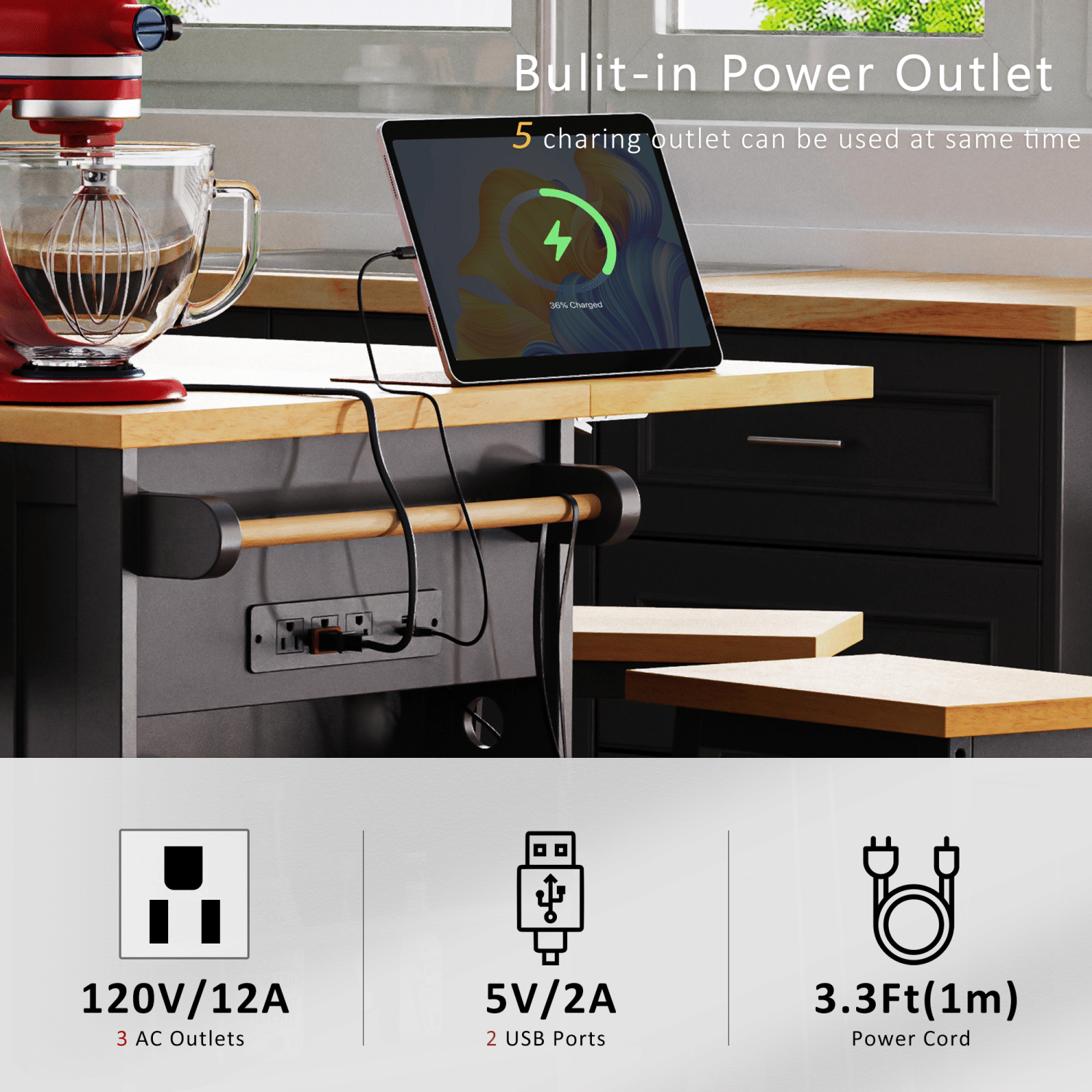 K&K 53inch Large Kitchen Island with Drop Leaf, Power Outlet, Door Internal Storage Rack, Rolling Kitchen Cart on 5 Wheels with 5 Open Side Racks for Kitchen, Dining Room,Black(Not include bar stools) - Comfortable Living Decor