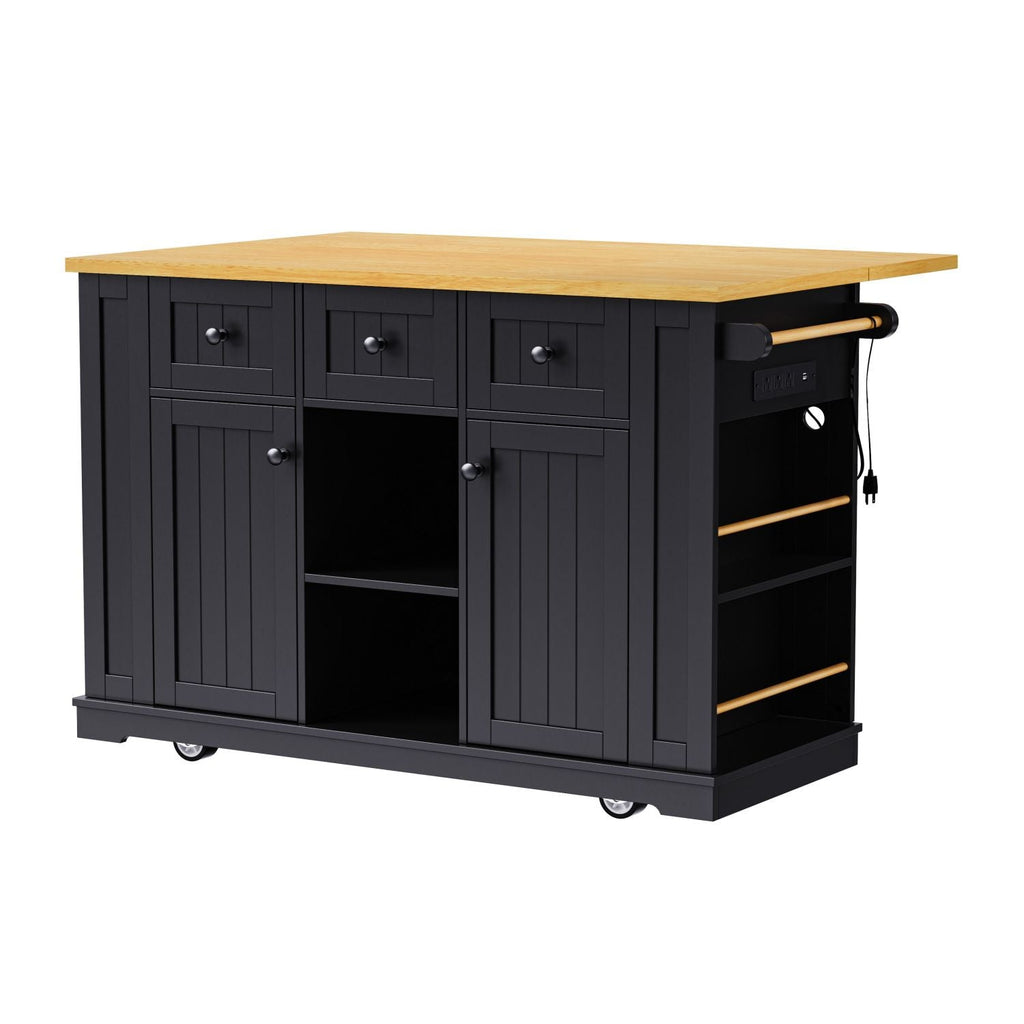 K&K 53inch Large Kitchen Island with Drop Leaf, Power Outlet, Door Internal Storage Rack, Rolling Kitchen Cart on 5 Wheels with 5 Open Side Racks for Kitchen, Dining Room,Black(Not include bar stools) - Comfortable Living Decor