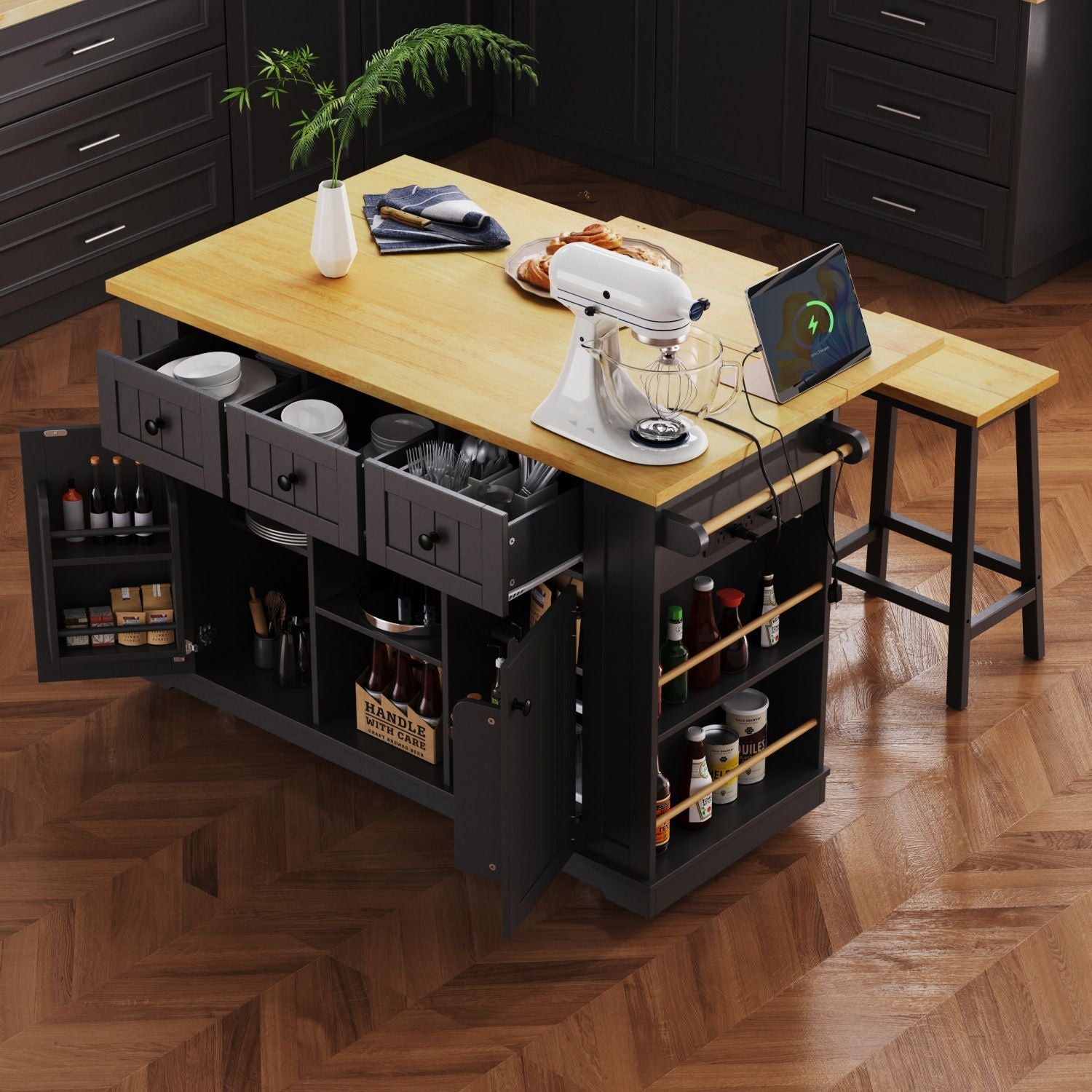 K&K 53inch Large Kitchen Island with Drop Leaf, Power Outlet, Door Internal Storage Rack, Rolling Kitchen Cart on 5 Wheels with 5 Open Side Racks for Kitchen, Dining Room,Black(Not include bar stools) - Comfortable Living Decor