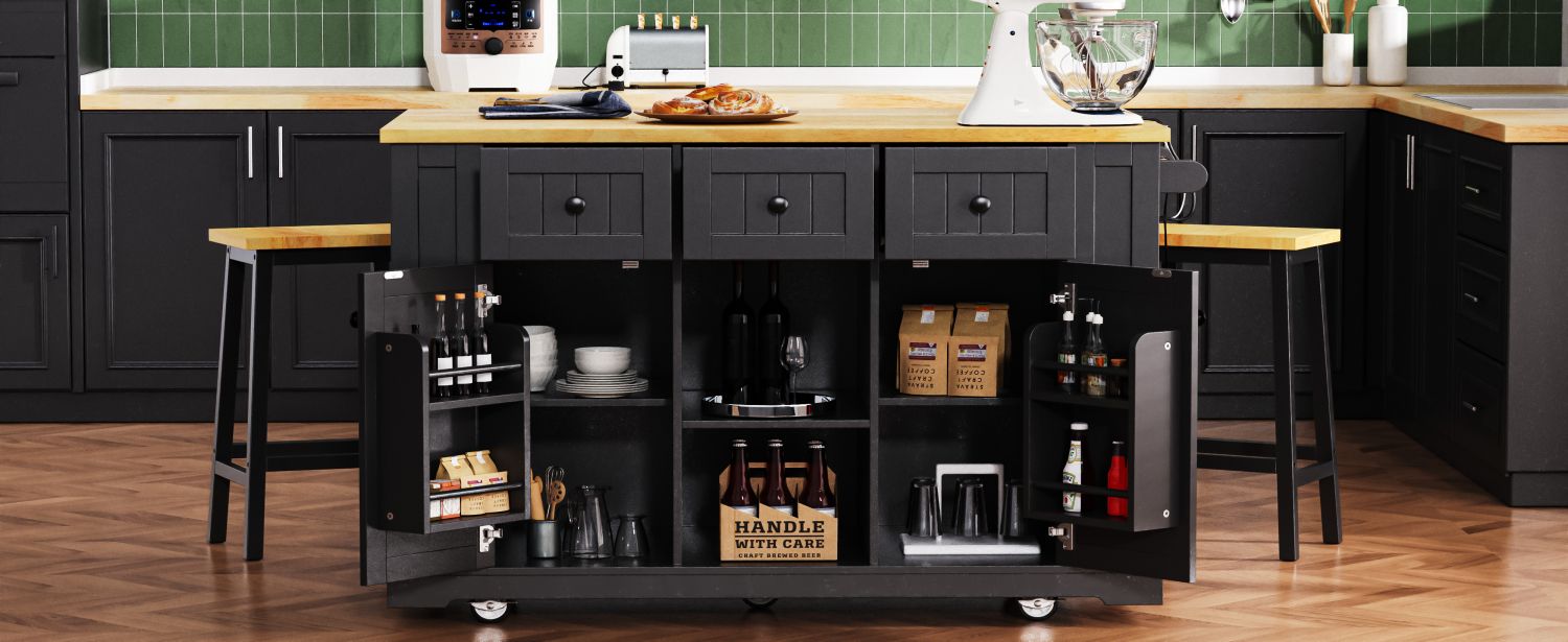 K&K 53inch Large Kitchen Island with Drop Leaf, Power Outlet, Door Internal Storage Rack, Rolling Kitchen Cart on 5 Wheels with 5 Open Side Racks for Kitchen, Dining Room,Black(Not include bar stools) - Comfortable Living Decor