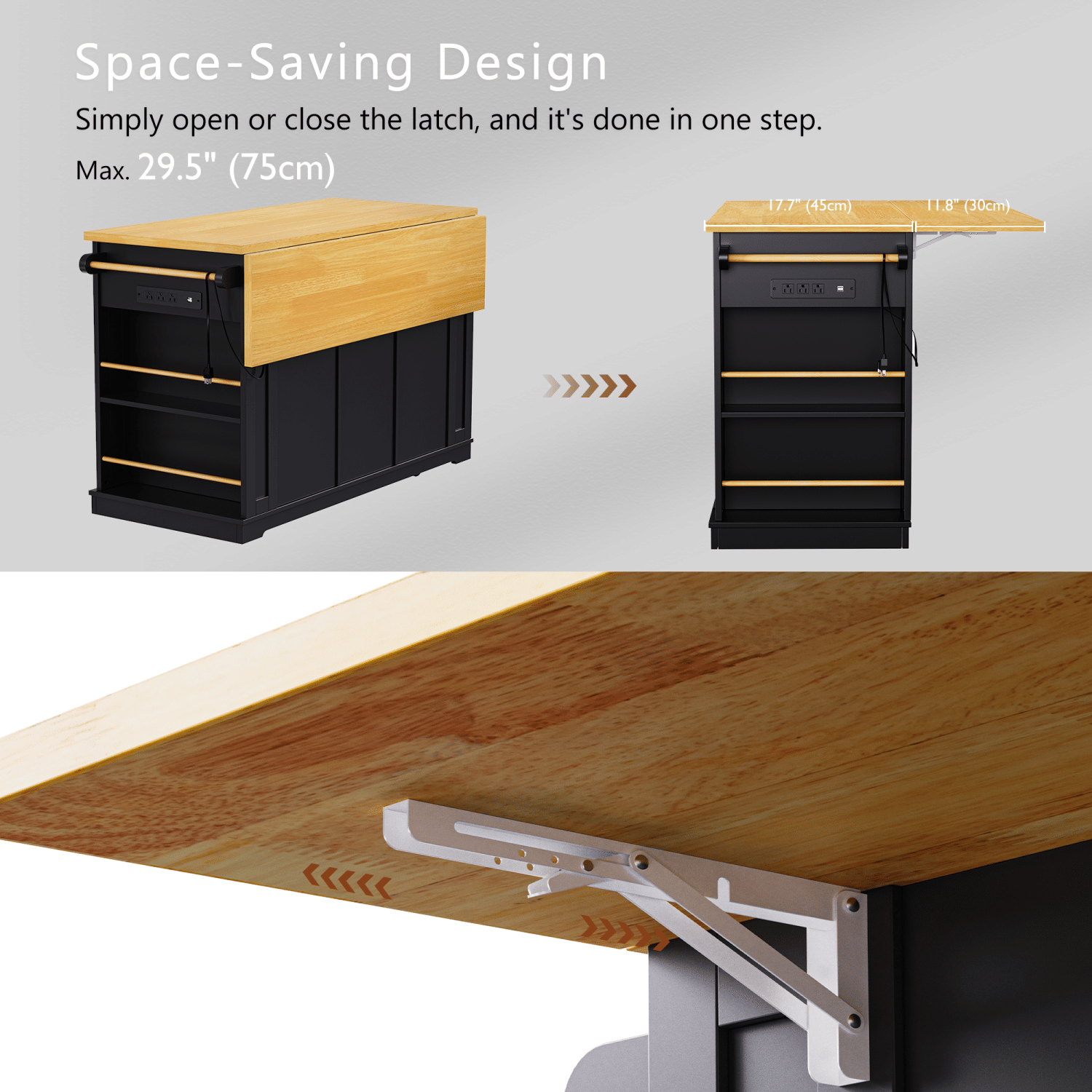 K&K 53inch Large Kitchen Island with Drop Leaf, Power Outlet, Door Internal Storage Rack, Rolling Kitchen Cart on 5 Wheels with 5 Open Side Racks for Kitchen, Dining Room,Black(Not include bar stools) - Comfortable Living Decor