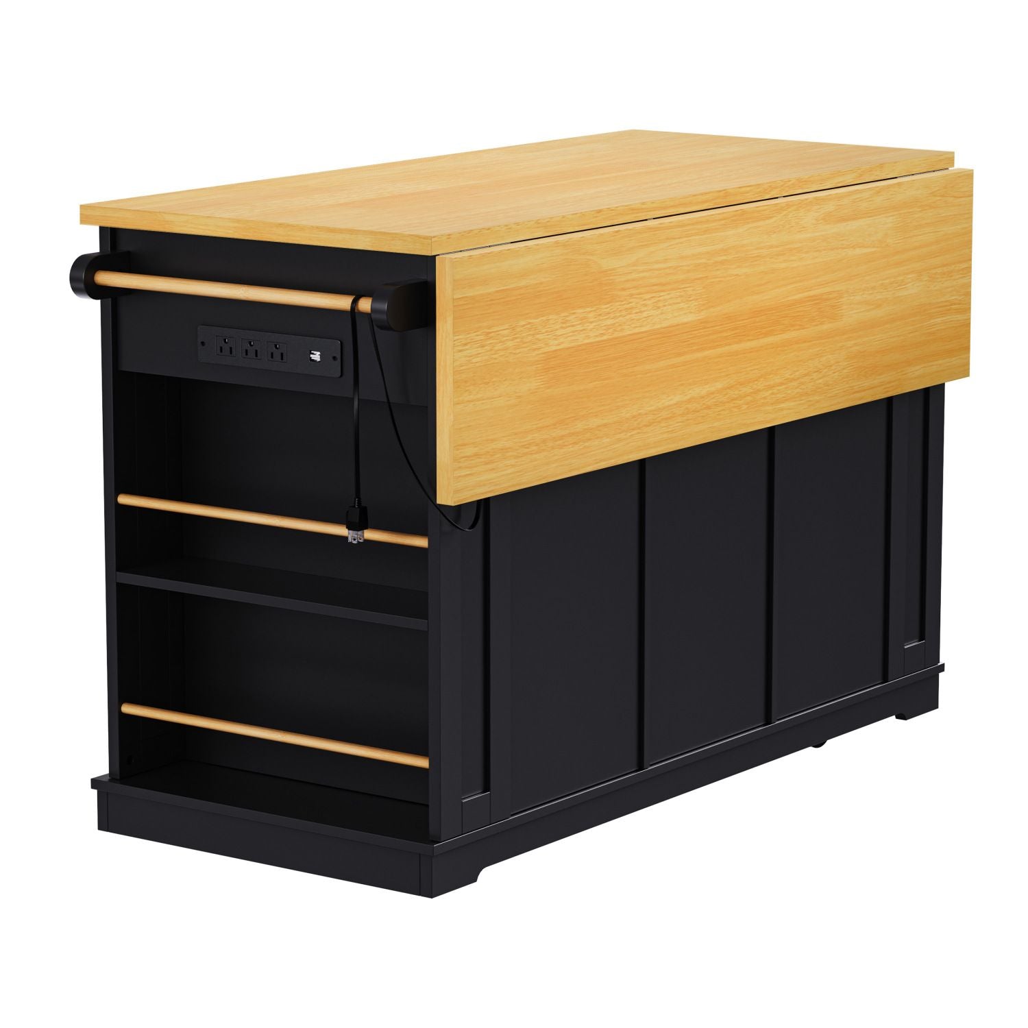 K&K 53inch Large Kitchen Island with Drop Leaf, Power Outlet, Door Internal Storage Rack, Rolling Kitchen Cart on 5 Wheels with 5 Open Side Racks for Kitchen, Dining Room,Black(Not include bar stools) - Comfortable Living Decor