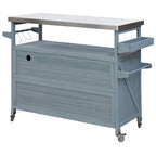 K&K Outdoor Kitchen Island, Rolling Bar Cart & Storage Cabinet, Farmhouse Solid Wood Outdoor Grill Table with Stainless Steel Top, Spice Rack , Towel Rack for Kitchen & BBQ , Grey Blue - Comfortable Living Decor