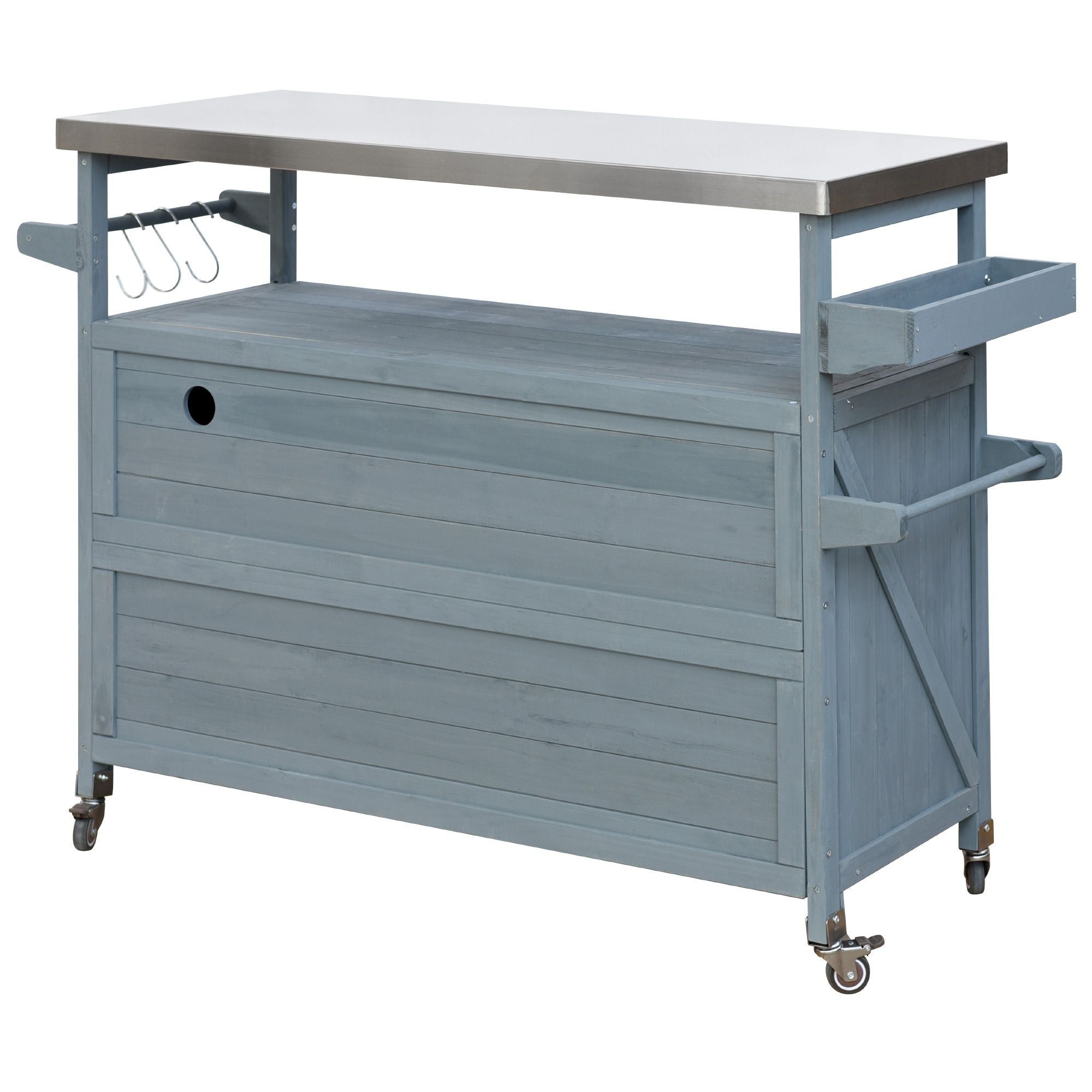K&K Outdoor Kitchen Island, Rolling Bar Cart & Storage Cabinet, Farmhouse Solid Wood Outdoor Grill Table with Stainless Steel Top, Spice Rack , Towel Rack for Kitchen & BBQ , Grey Blue - Comfortable Living Decor