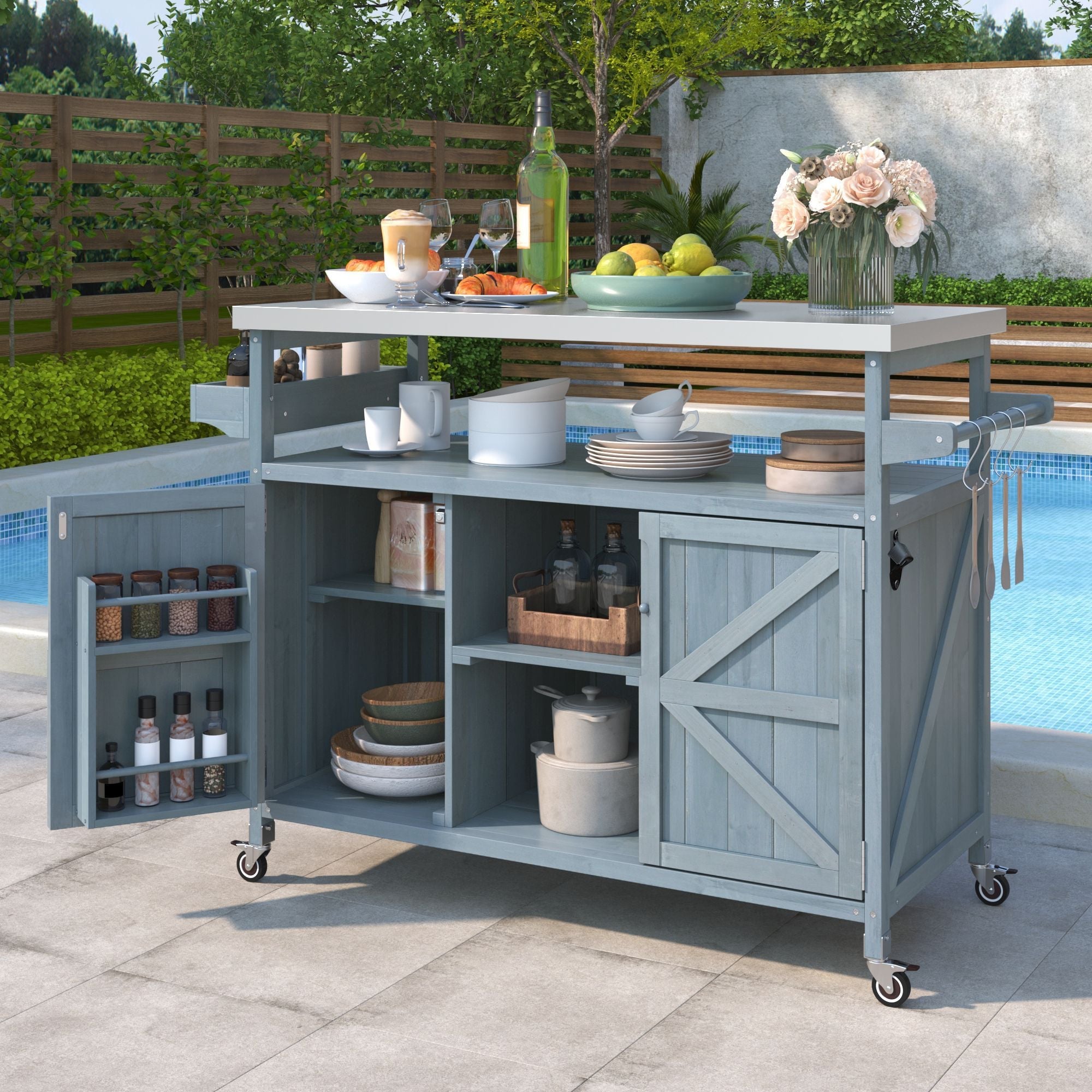K&K Outdoor Kitchen Island, Rolling Bar Cart & Storage Cabinet, Farmhouse Solid Wood Outdoor Grill Table with Stainless Steel Top, Spice Rack , Towel Rack for Kitchen & BBQ , Grey Blue - Comfortable Living Decor