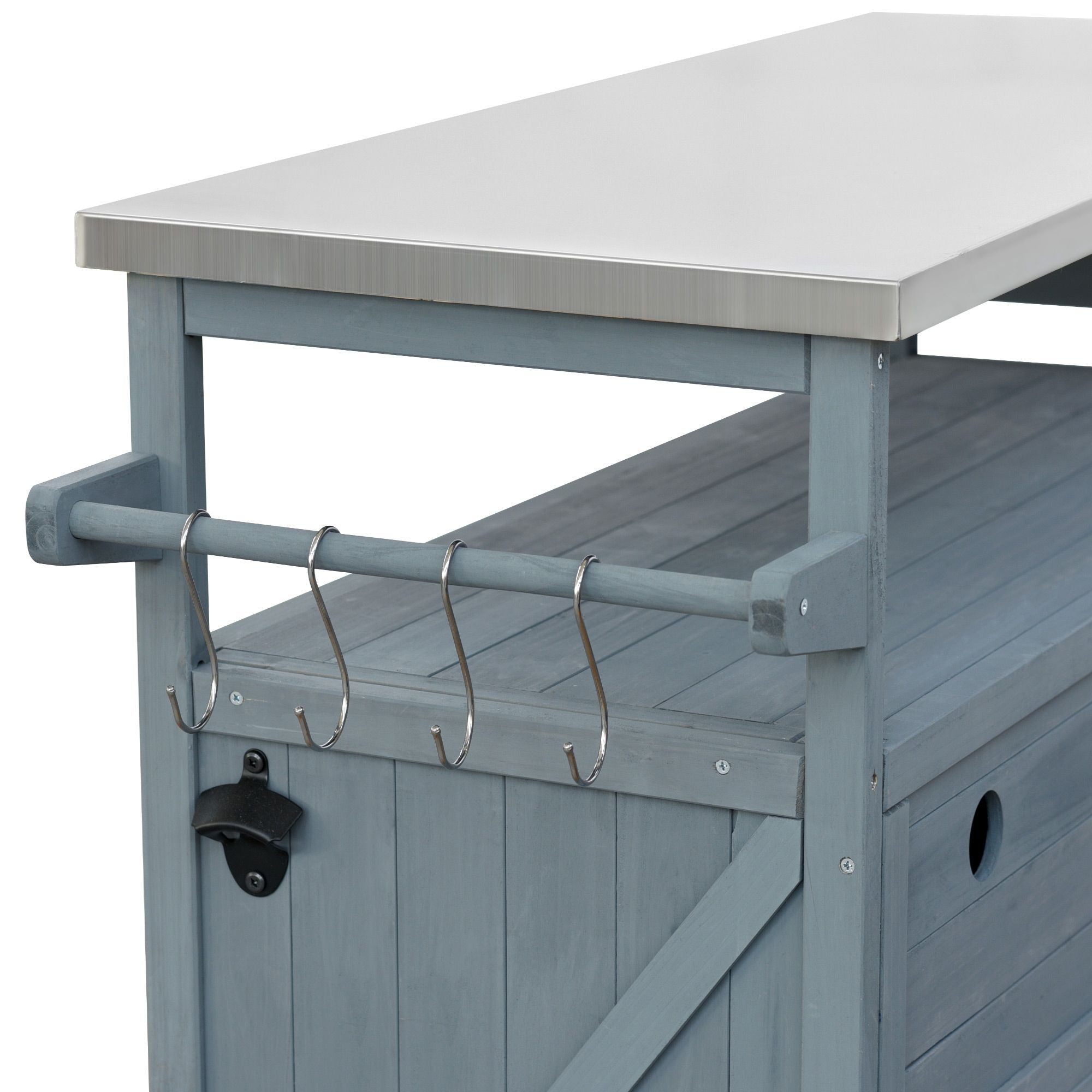 K&K Outdoor Kitchen Island, Rolling Bar Cart & Storage Cabinet, Farmhouse Solid Wood Outdoor Grill Table with Stainless Steel Top, Spice Rack , Towel Rack for Kitchen & BBQ , Grey Blue - Comfortable Living Decor
