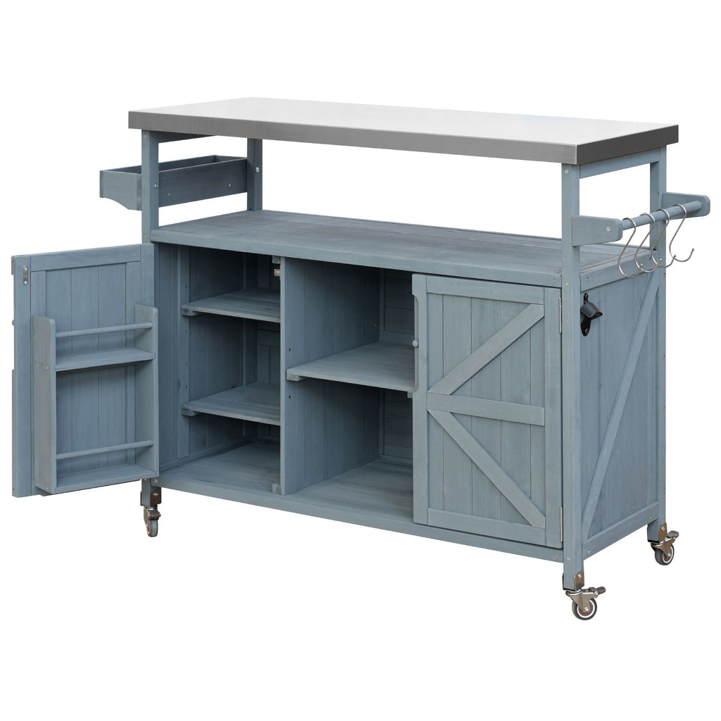 K&K Outdoor Kitchen Island, Rolling Bar Cart & Storage Cabinet, Farmhouse Solid Wood Outdoor Grill Table with Stainless Steel Top, Spice Rack , Towel Rack for Kitchen & BBQ , Grey Blue - Comfortable Living Decor