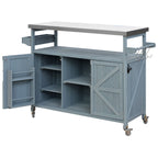 K&K Outdoor Kitchen Island, Rolling Bar Cart & Storage Cabinet, Farmhouse Solid Wood Outdoor Grill Table with Stainless Steel Top, Spice Rack , Towel Rack for Kitchen & BBQ , Grey Blue - Comfortable Living Decor