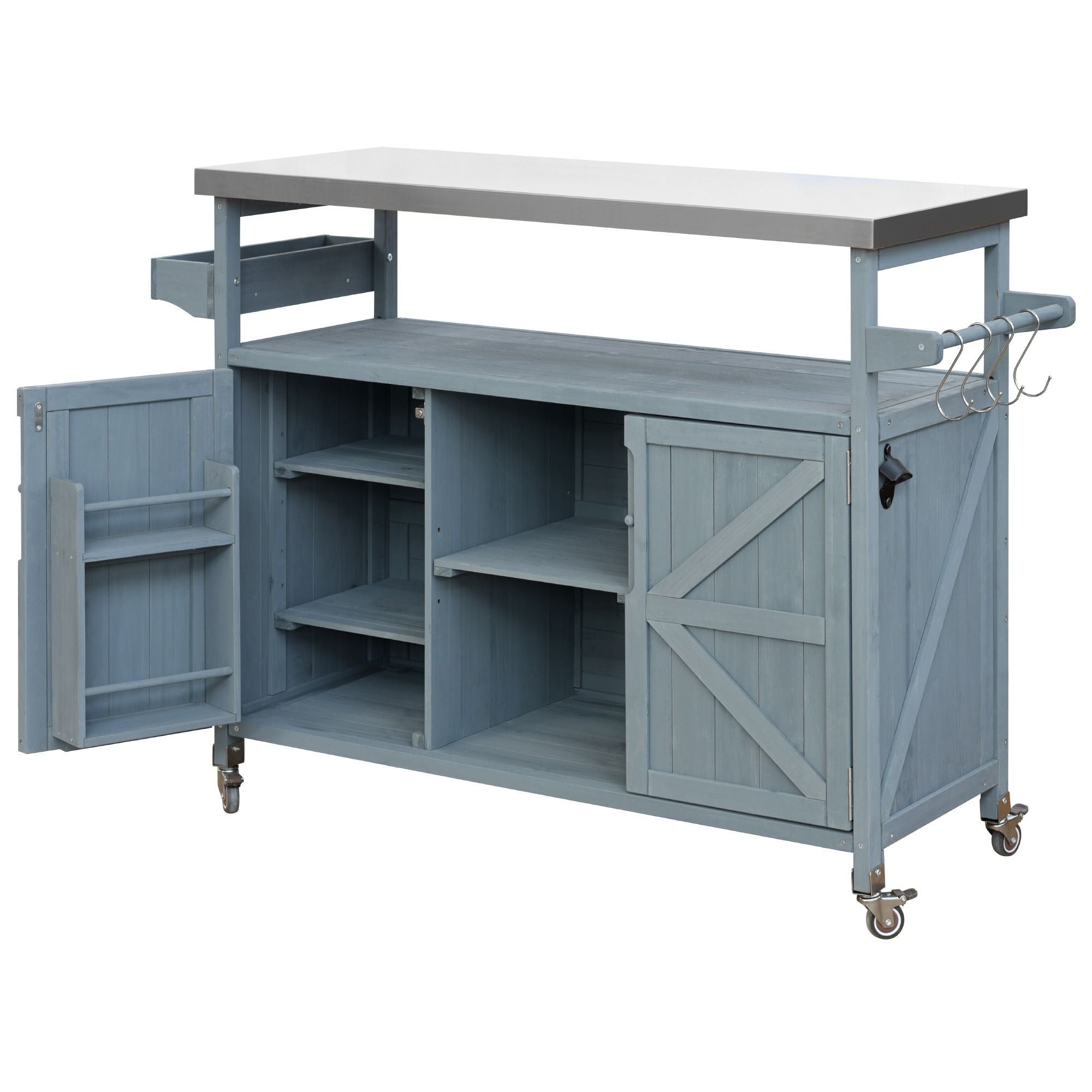 K&K Outdoor Kitchen Island, Rolling Bar Cart & Storage Cabinet, Farmhouse Solid Wood Outdoor Grill Table with Stainless Steel Top, Spice Rack , Towel Rack for Kitchen & BBQ , Grey Blue - Comfortable Living Decor