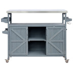 K&K Outdoor Kitchen Island, Rolling Bar Cart & Storage Cabinet, Farmhouse Solid Wood Outdoor Grill Table with Stainless Steel Top, Spice Rack , Towel Rack for Kitchen & BBQ , Grey Blue - Comfortable Living Decor