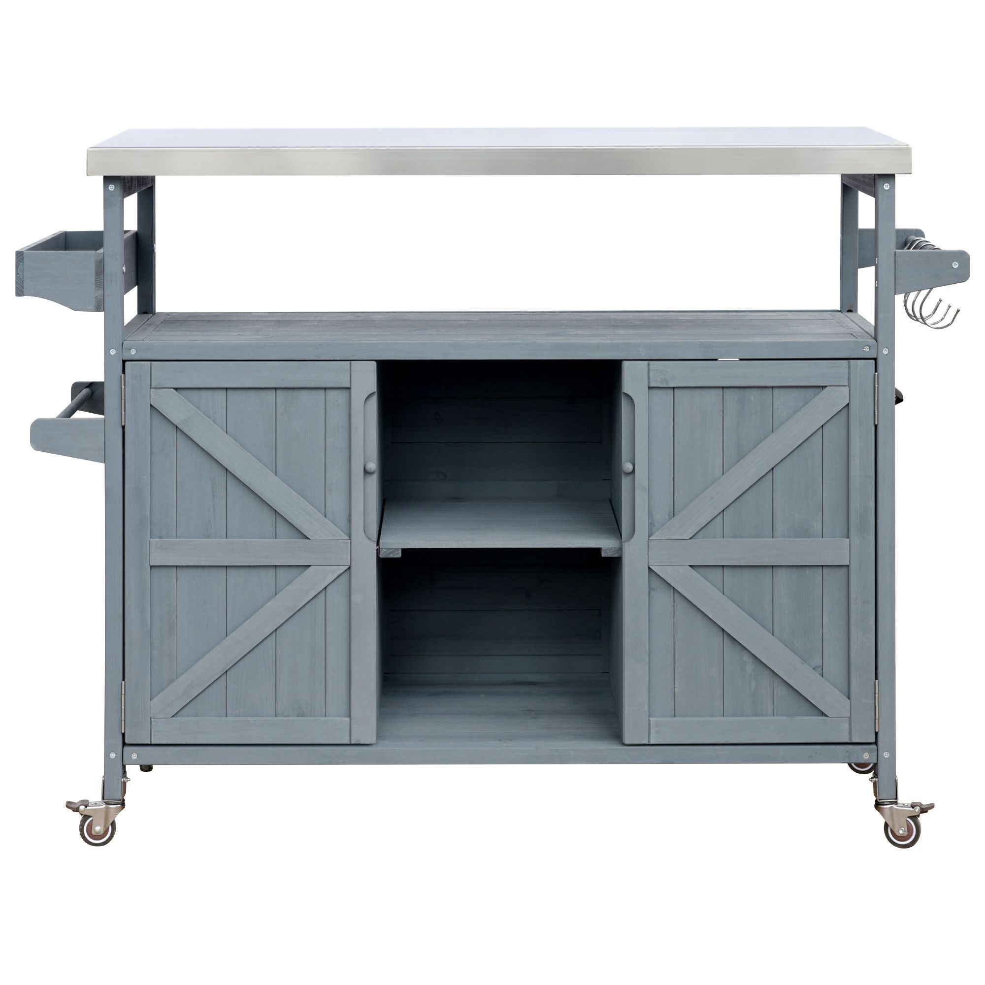 K&K Outdoor Kitchen Island, Rolling Bar Cart & Storage Cabinet, Farmhouse Solid Wood Outdoor Grill Table with Stainless Steel Top, Spice Rack , Towel Rack for Kitchen & BBQ , Grey Blue - Comfortable Living Decor