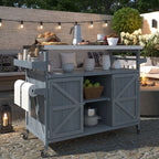 K&K Outdoor Kitchen Island, Rolling Bar Cart & Storage Cabinet, Farmhouse Solid Wood Outdoor Grill Table with Stainless Steel Top, Spice Rack , Towel Rack for Kitchen & BBQ , Grey Blue - Comfortable Living Decor