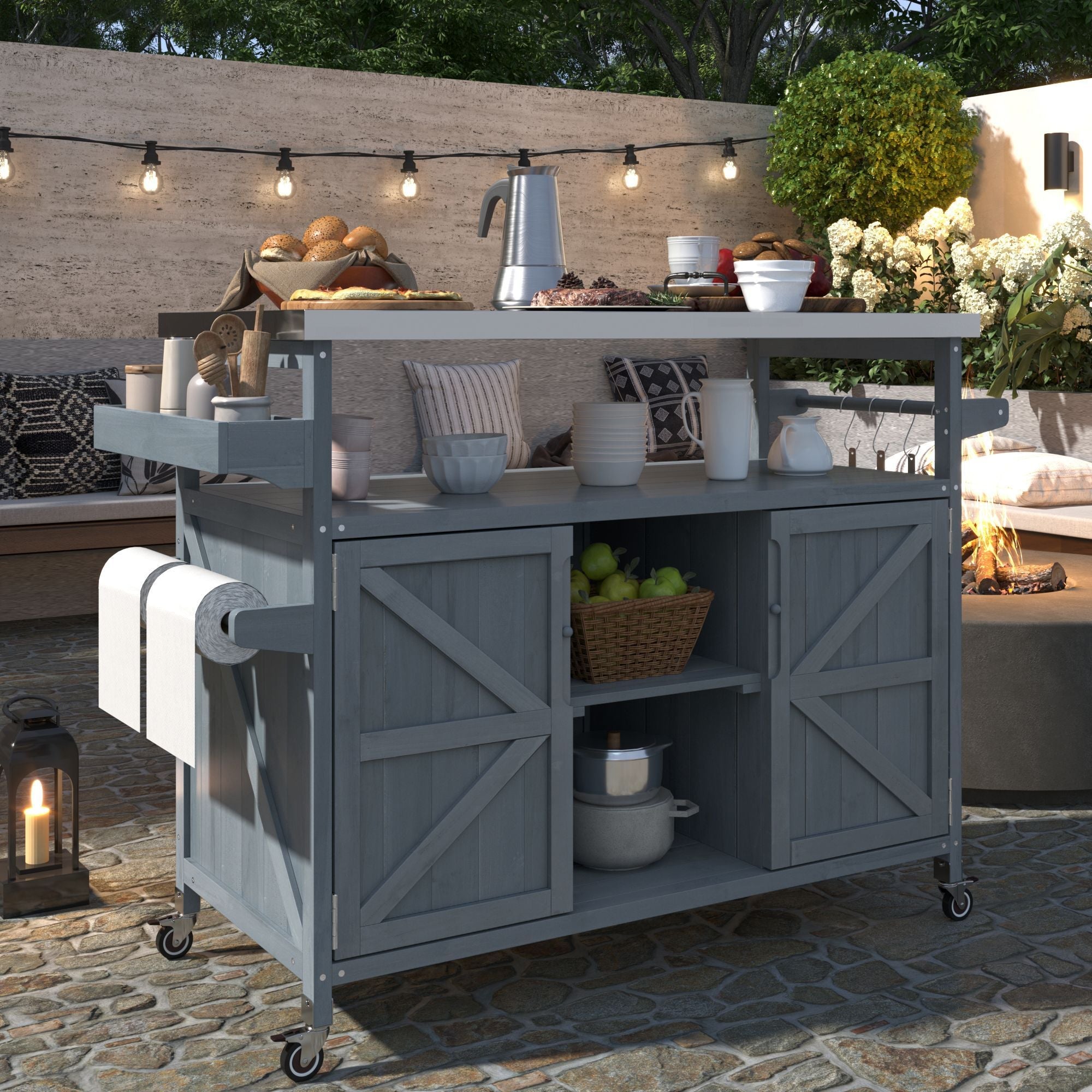 K&K Outdoor Kitchen Island, Rolling Bar Cart & Storage Cabinet, Farmhouse Solid Wood Outdoor Grill Table with Stainless Steel Top, Spice Rack , Towel Rack for Kitchen & BBQ , Grey Blue - Comfortable Living Decor
