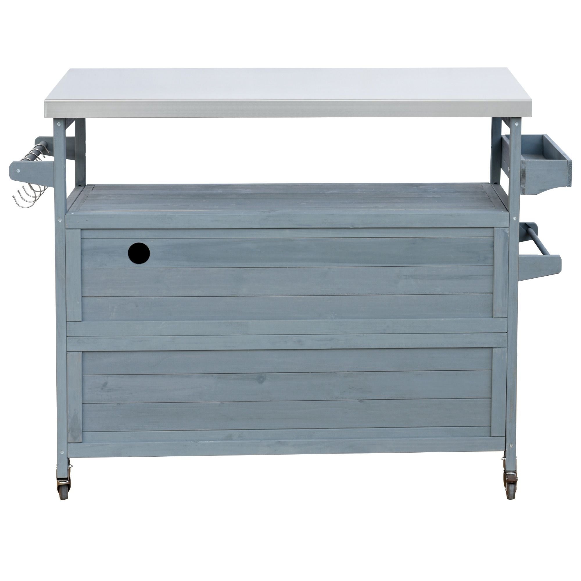 K&K Outdoor Kitchen Island, Rolling Bar Cart & Storage Cabinet, Farmhouse Solid Wood Outdoor Grill Table with Stainless Steel Top, Spice Rack , Towel Rack for Kitchen & BBQ , Grey Blue - Comfortable Living Decor