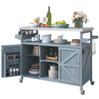 K&K Outdoor Kitchen Island, Rolling Bar Cart & Storage Cabinet, Farmhouse Solid Wood Outdoor Grill Table with Stainless Steel Top, Spice Rack , Towel Rack for Kitchen & BBQ , Grey Blue - Comfortable Living Decor
