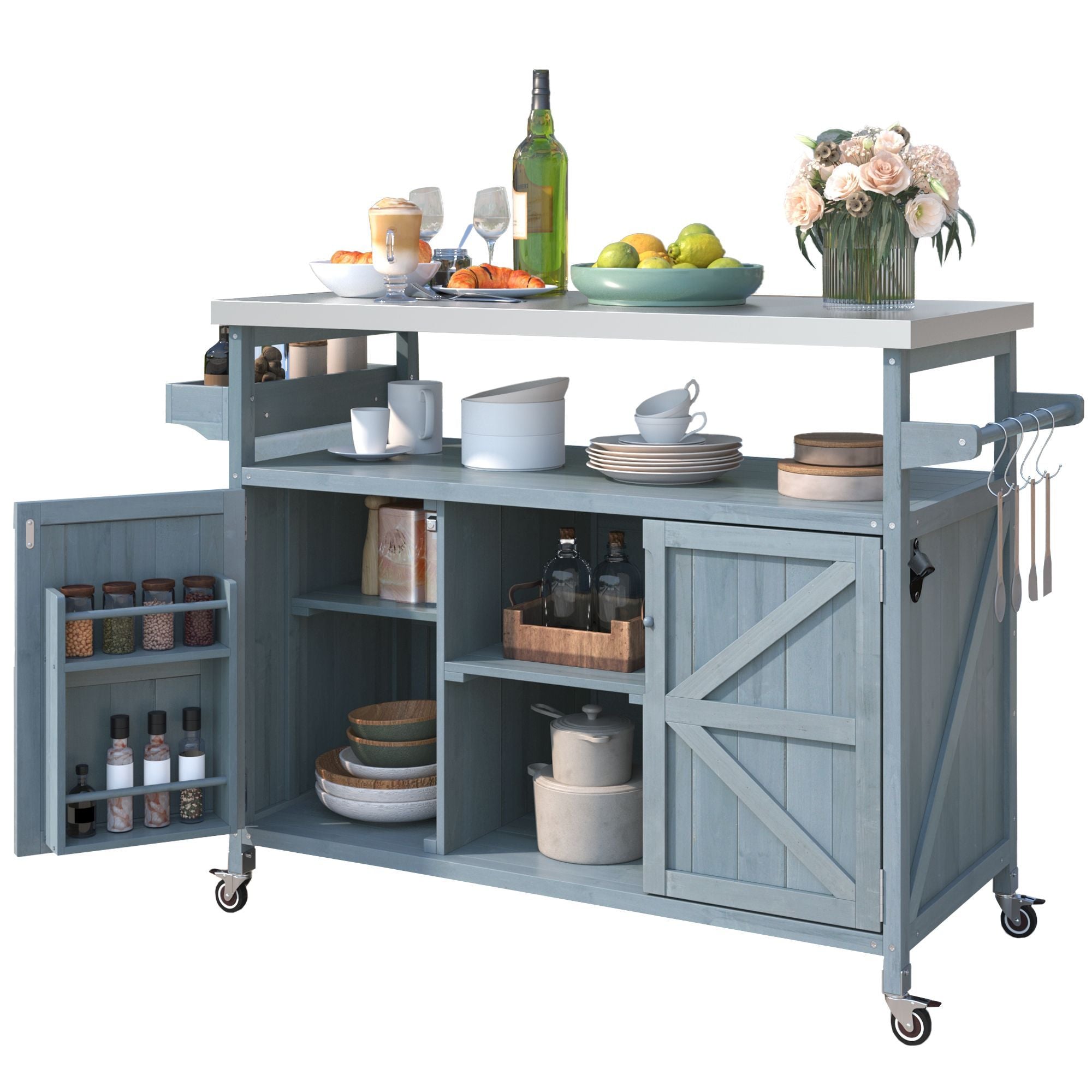 K&K Outdoor Kitchen Island, Rolling Bar Cart & Storage Cabinet, Farmhouse Solid Wood Outdoor Grill Table with Stainless Steel Top, Spice Rack , Towel Rack for Kitchen & BBQ , Grey Blue - Comfortable Living Decor