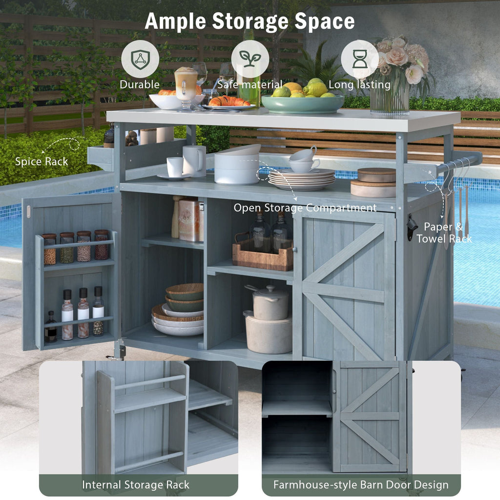 K&K Outdoor Kitchen Island, Rolling Bar Cart & Storage Cabinet, Farmhouse Solid Wood Outdoor Grill Table with Stainless Steel Top, Spice Rack , Towel Rack for Kitchen & BBQ , Grey Blue - Comfortable Living Decor