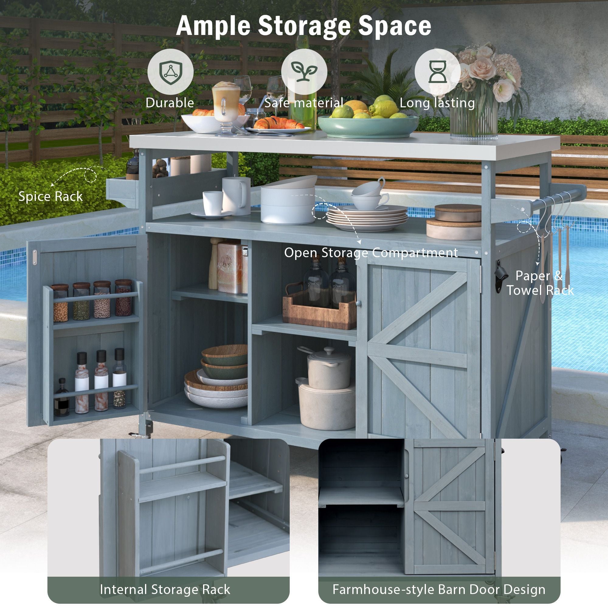 K&K Outdoor Kitchen Island, Rolling Bar Cart & Storage Cabinet, Farmhouse Solid Wood Outdoor Grill Table with Stainless Steel Top, Spice Rack , Towel Rack for Kitchen & BBQ , Grey Blue - Comfortable Living Decor